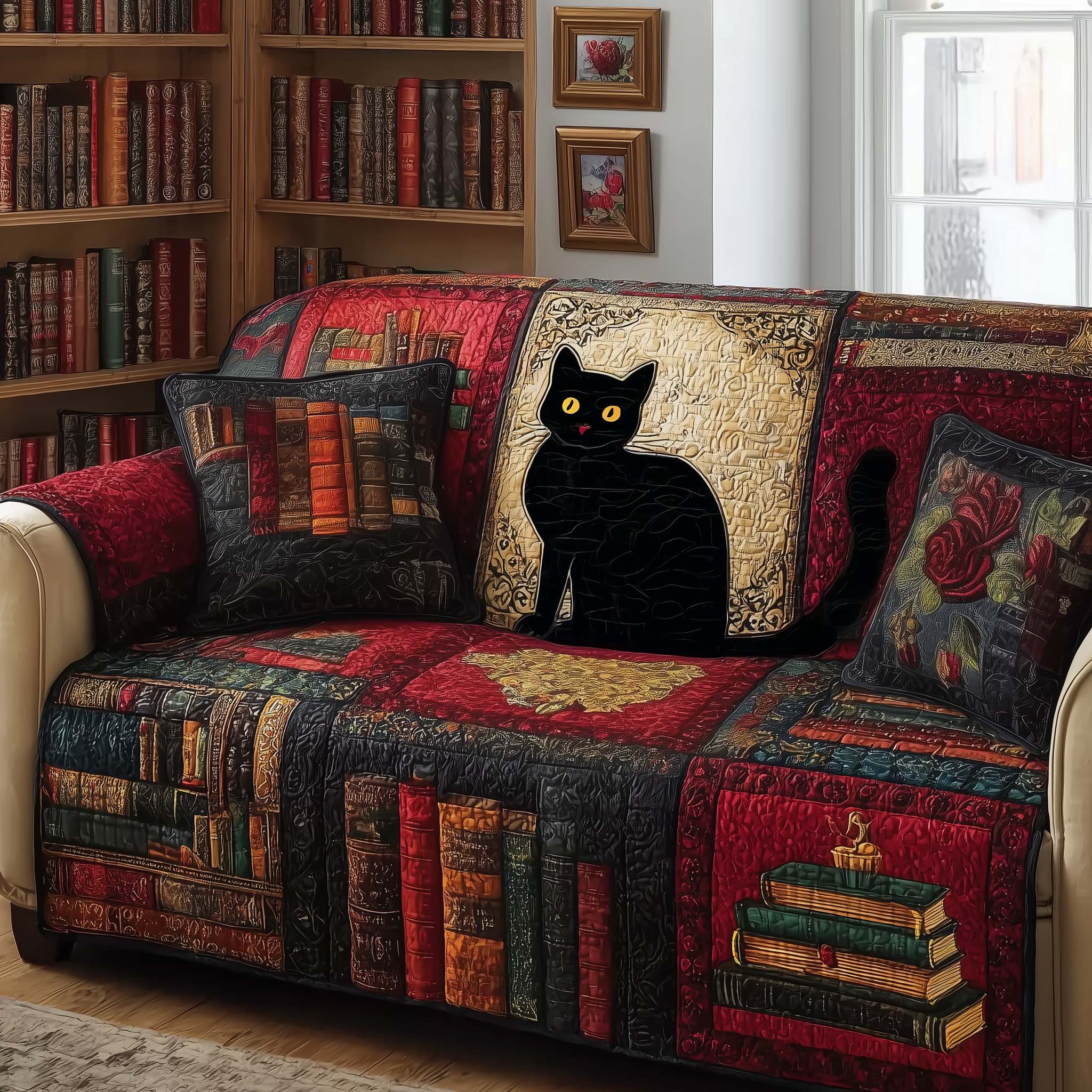 Book Cat Quilted Sofa Cover Cat Home Couch Cover Gift For Home Decor - Tradiviet