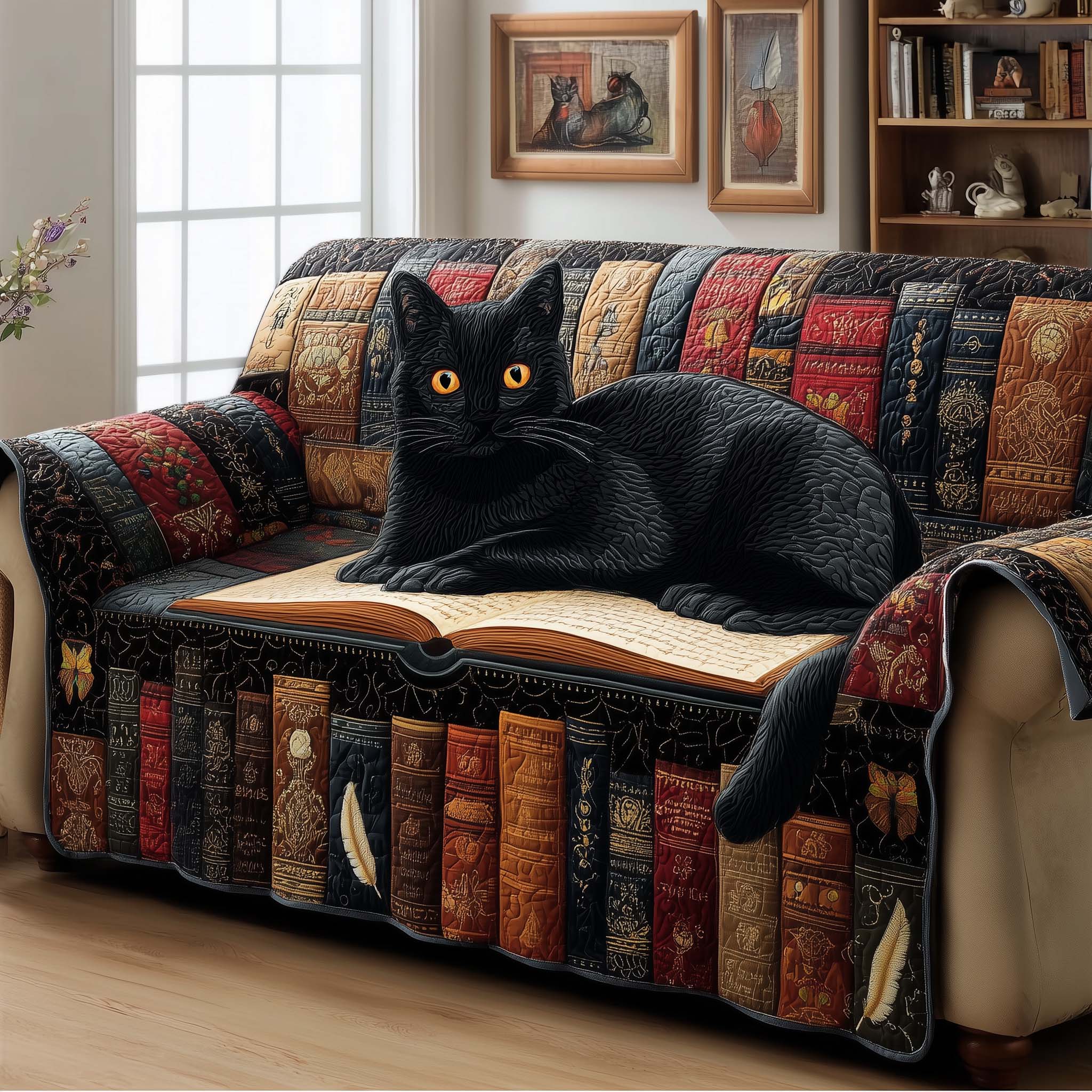 Book Cat Quilted Sofa Cover Cat Home Couch Cover Gift For Room Decor - Tradiviet