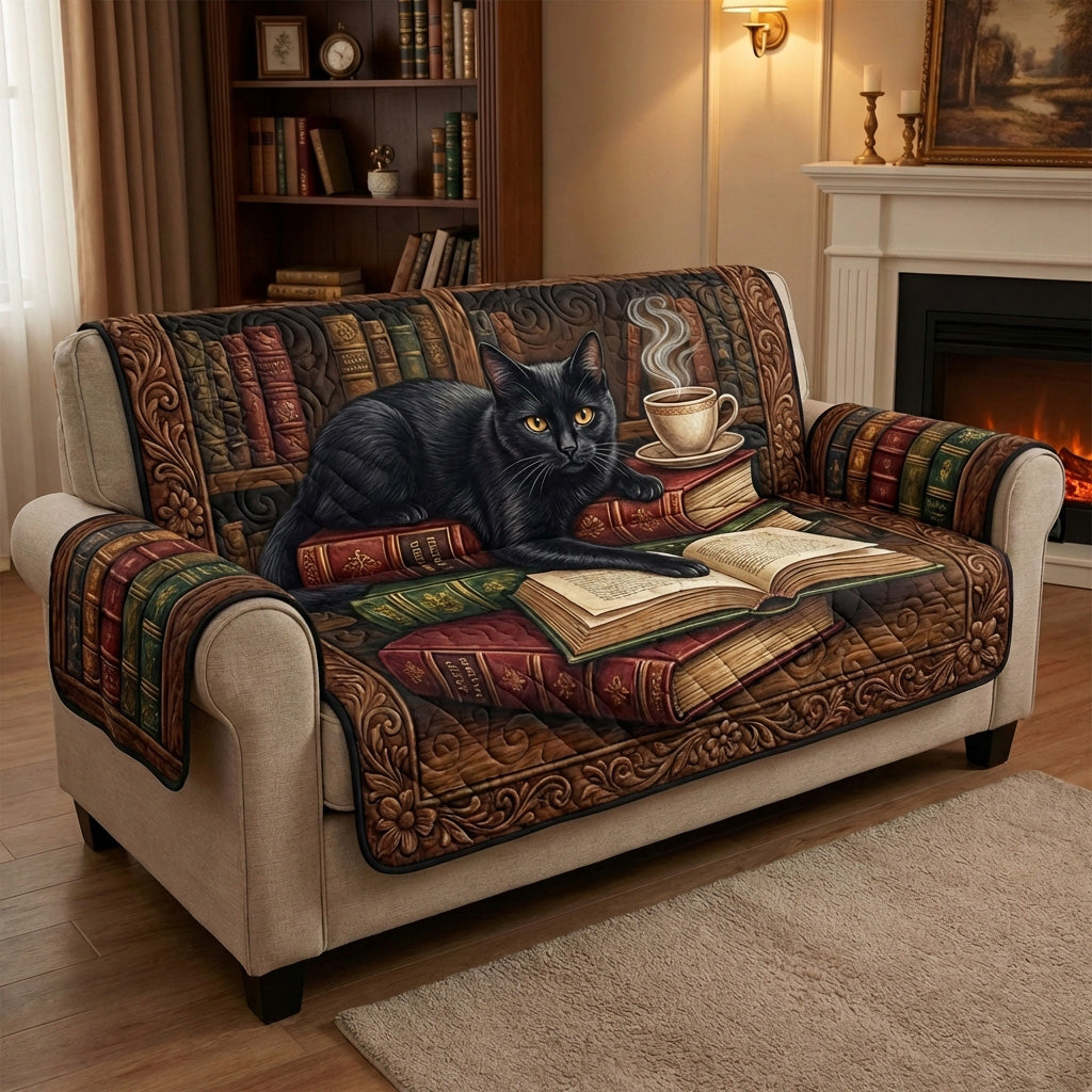 Bookish Cat Quilted Sofa Cover Rustic Room Decor Cat Gifts For Him Her - Tradiviet