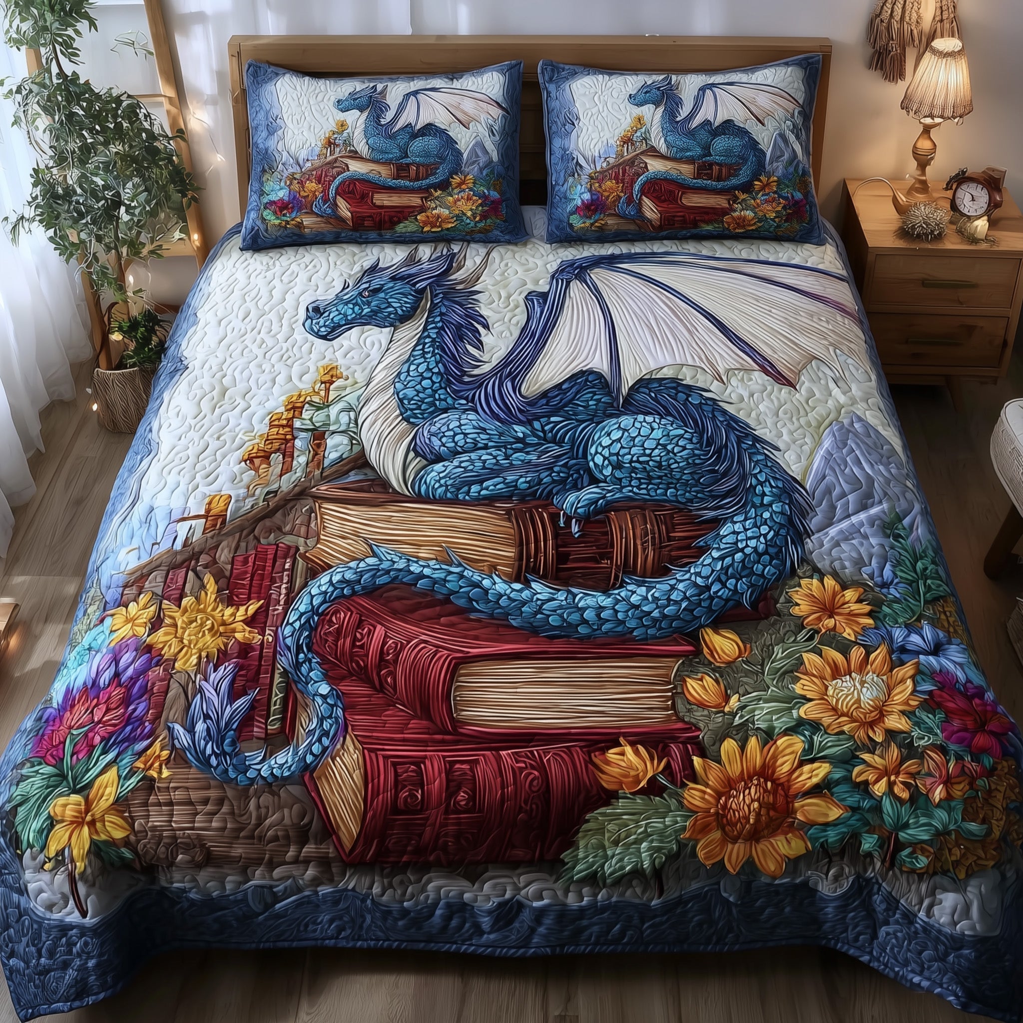 Bookish Dragon Quilted Bedding Set Bookish Dragon Meadow Gift For Bookish - Tradiviet