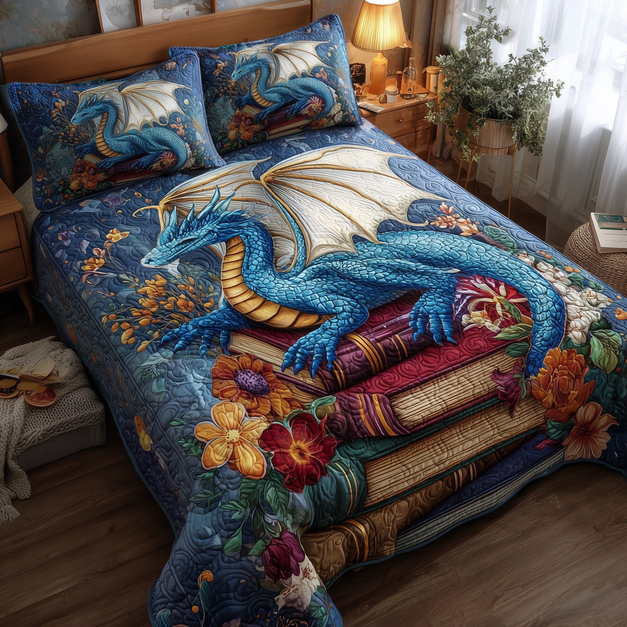 Bookish Dragon Quilted Bedding Set Bookish Dragon Ocean Gift For Bookish Lovers - Tradiviet