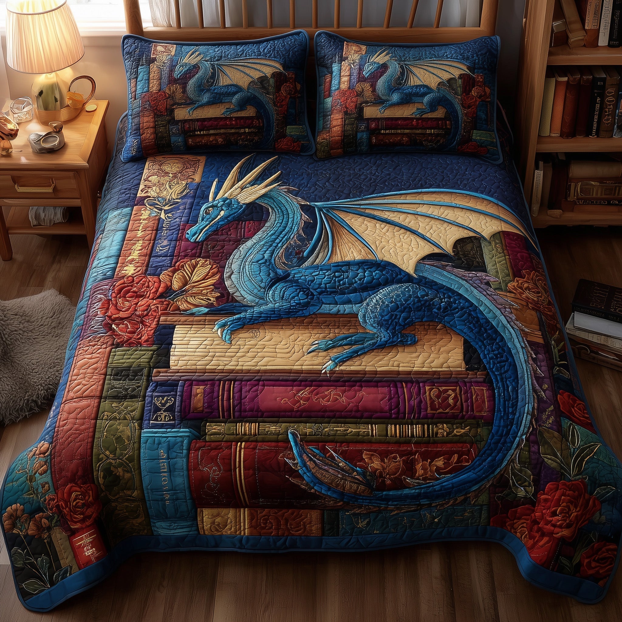 Bookworm Dragon Quilted Bedding Set Bookworm Dragon Whimsical Gift For Bookworm Dragon - Tradiviet