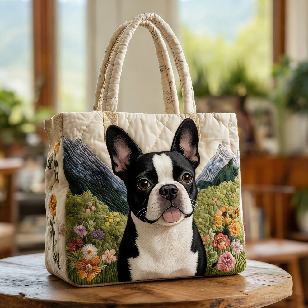 Boston Terrier Quilted Tote Bag Floral Animal Totes Unique Gifts For Boston Terrier Lovers - Tradiviet