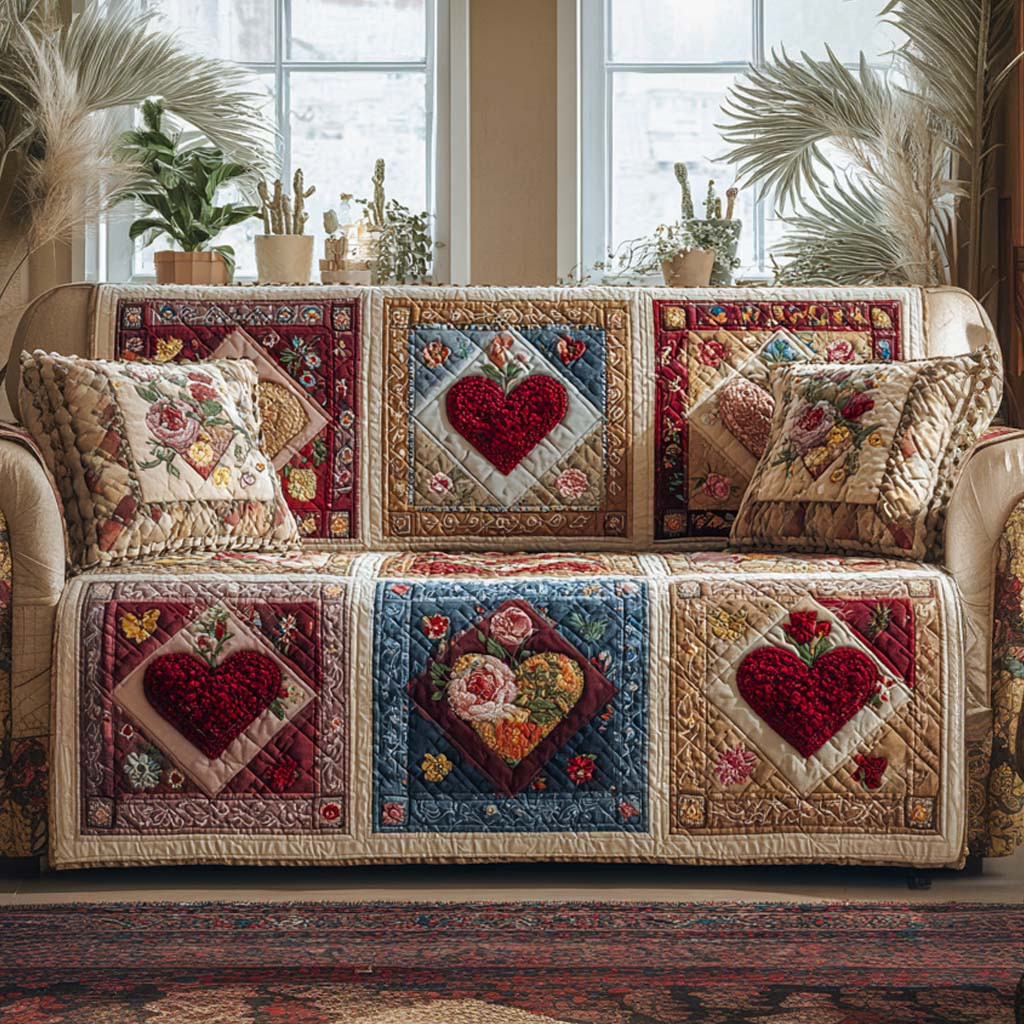 Botanical Heart Harmony Quilted Sofa Cover Recliner Couch Covers Valentine Day Gifts For Husband - Tradiviet