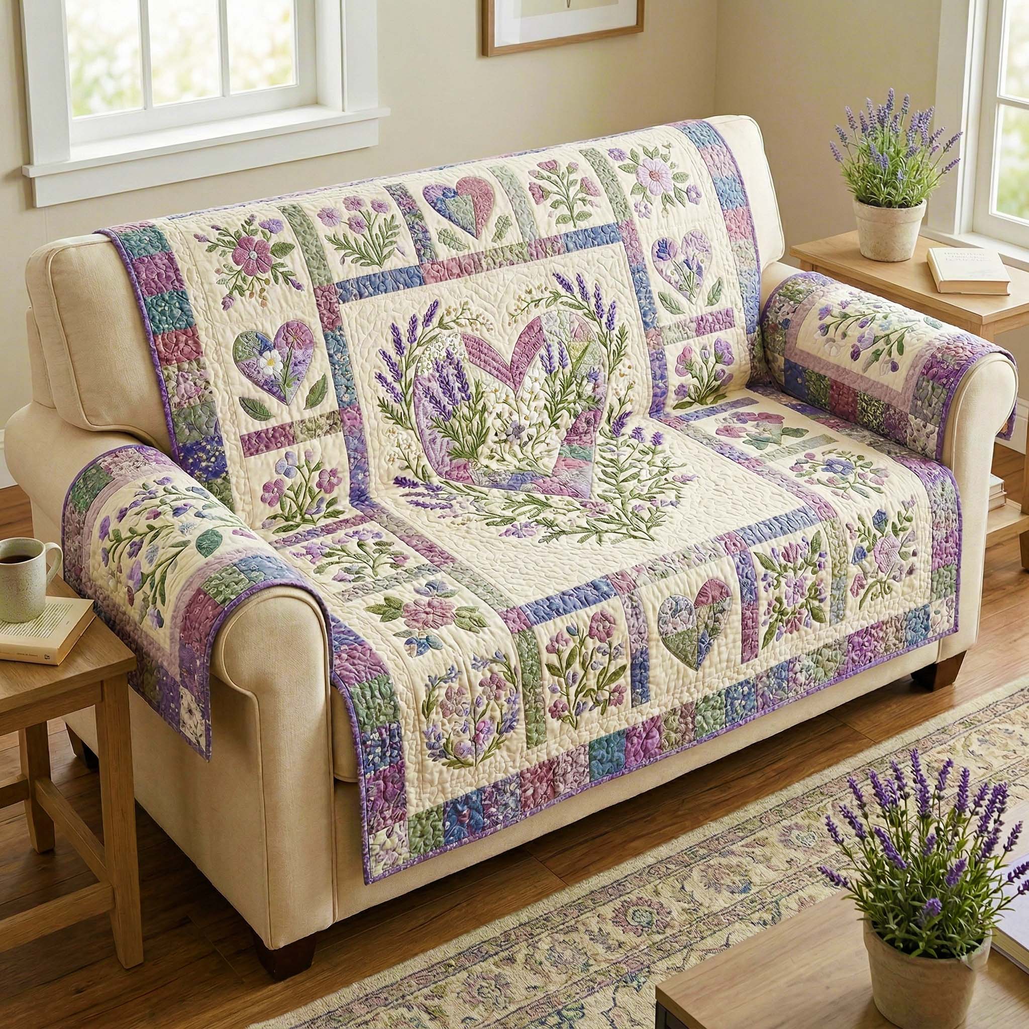 Botanical Love Quilted Sofa Cover Romantic Home Couch Cover Gift For Living Room - Tradiviet