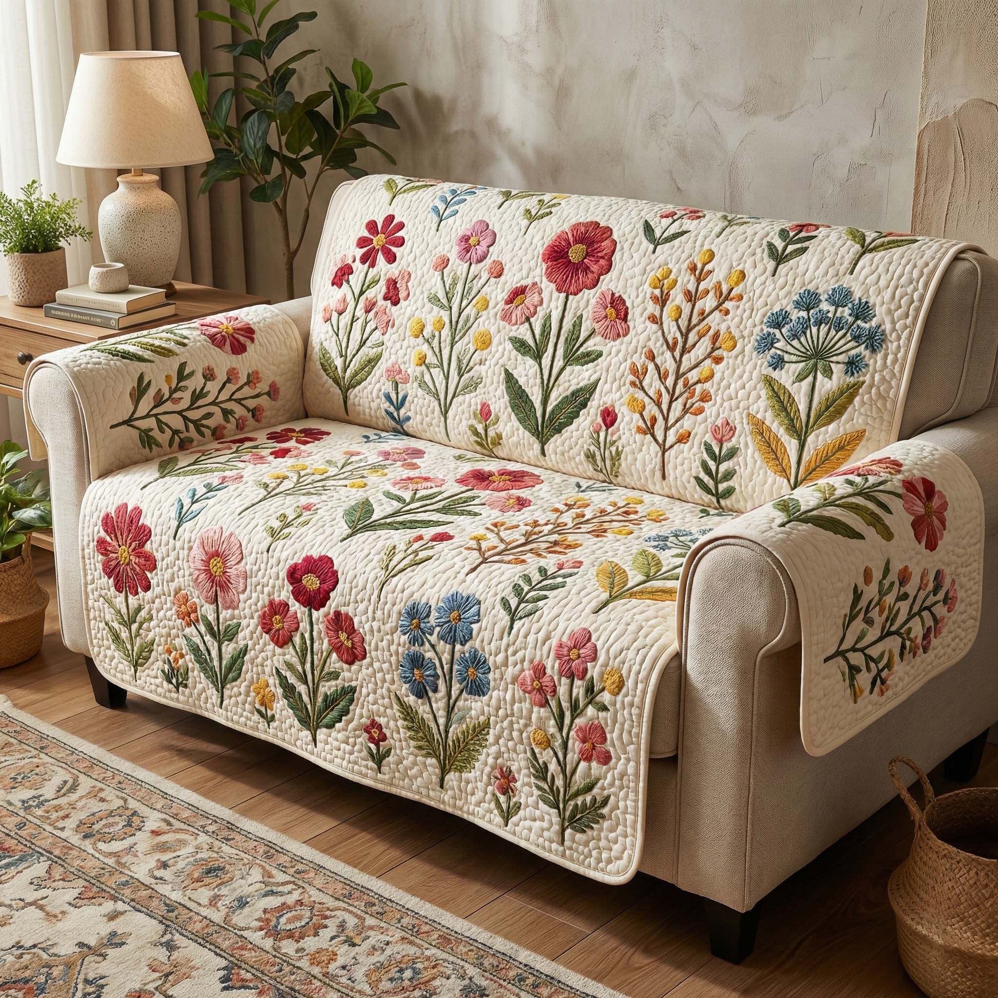 Botanical Meadow Quilted Sofa Cover Floral Home Couch Cover House Lover Gift Ideas - Tradiviet
