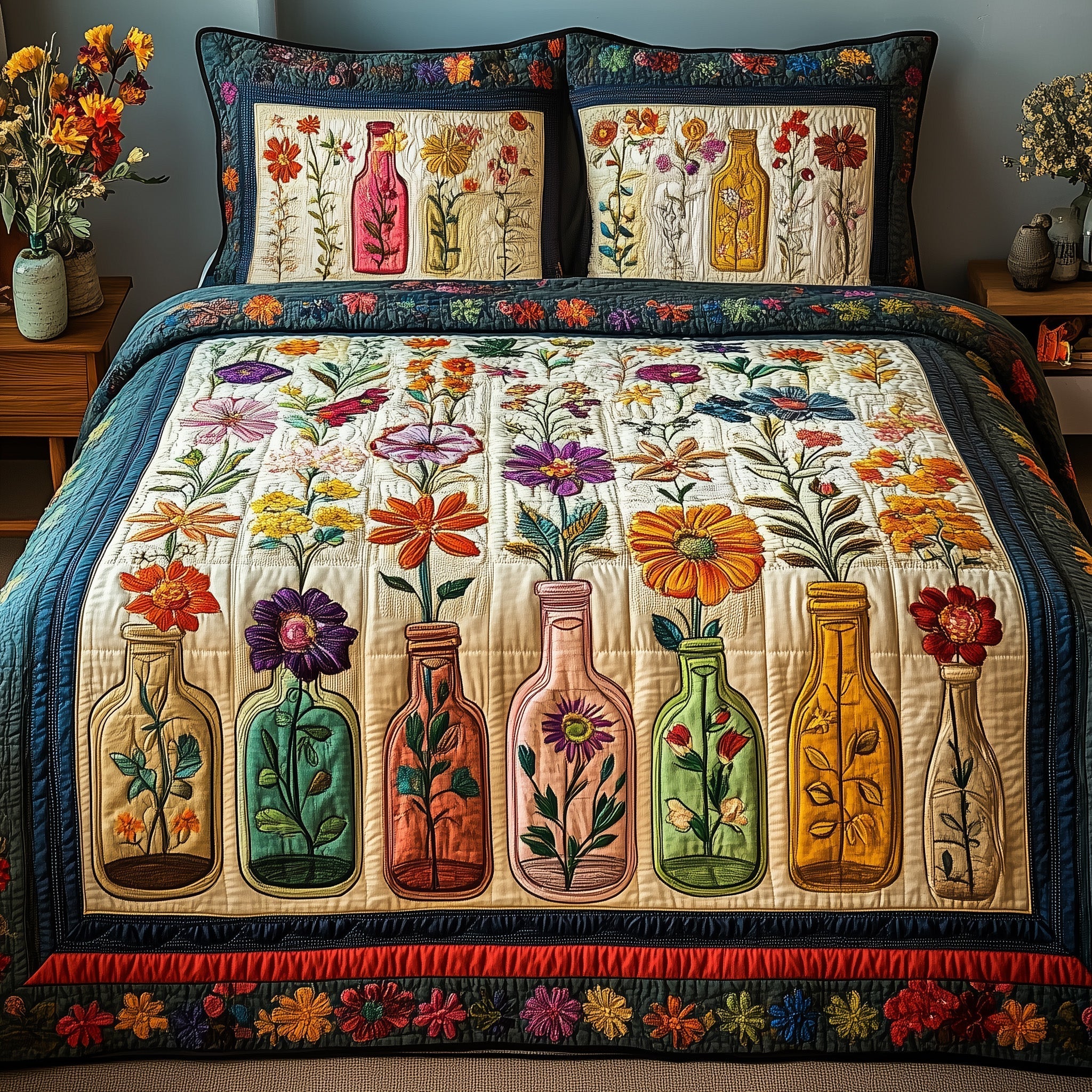 Bottle Of Blossom Quilted Bedding Set Bottle Blossom Bohemian Gift For Blossom - Tradiviet