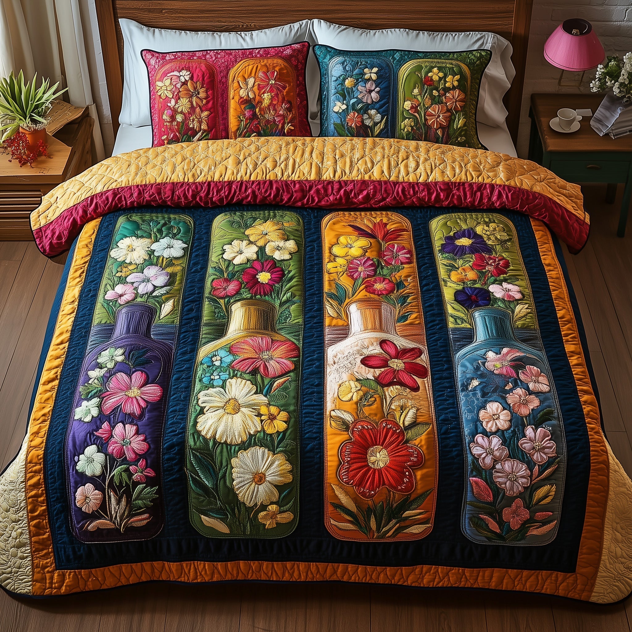 Bottle Of Blossom Quilted Bedding Set Bottle Blossom Meadow Gift For Blossom Lovers - Tradiviet