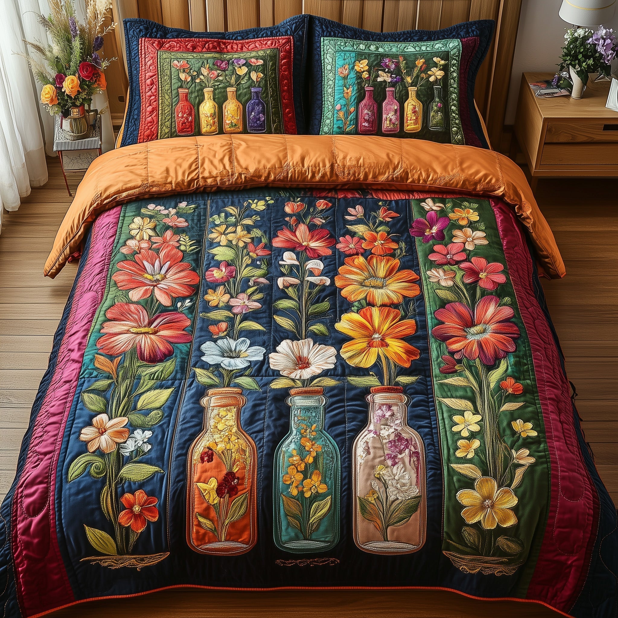 Bottle Of Blossom Quilted Bedding Set Bottle Blossom Ocean Gift For Bottle Fans - Tradiviet