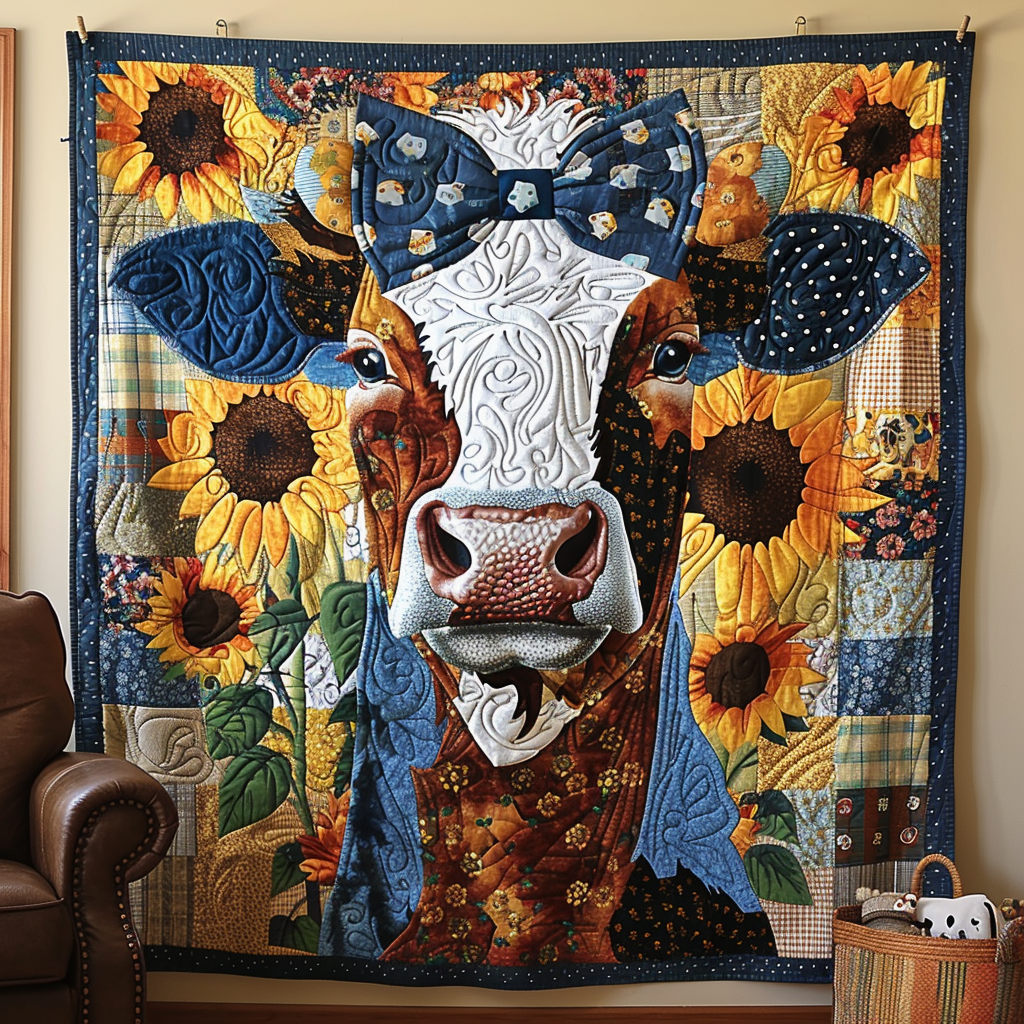 Bowtie Blossom Cow Quilted Blanket Bohemian Bedroom Furniture Gift For Room Decor - Tradiviet