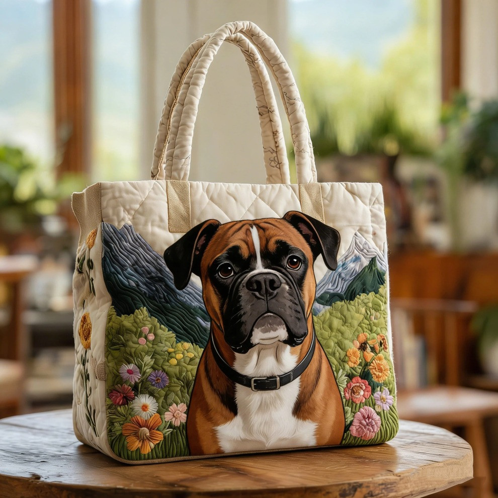 Boxer Quilted Quilted Tote Bag Floral Cute Dog Totes Unique Gifts For Boxer Lovers - Tradiviet