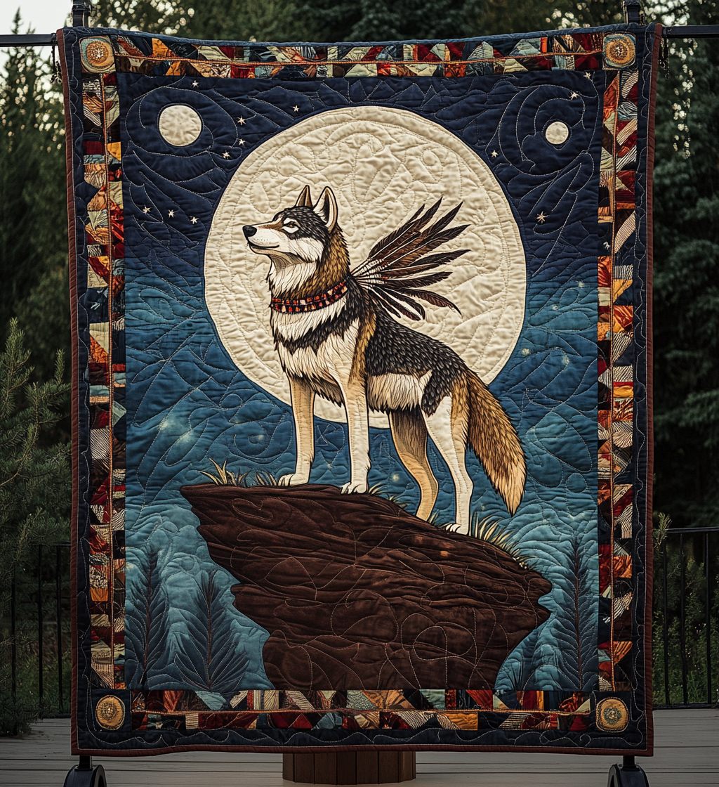 Brave Native Wolf Quilted Blanket 4Th Of July Present Gift For Home Lover - Tradiviet