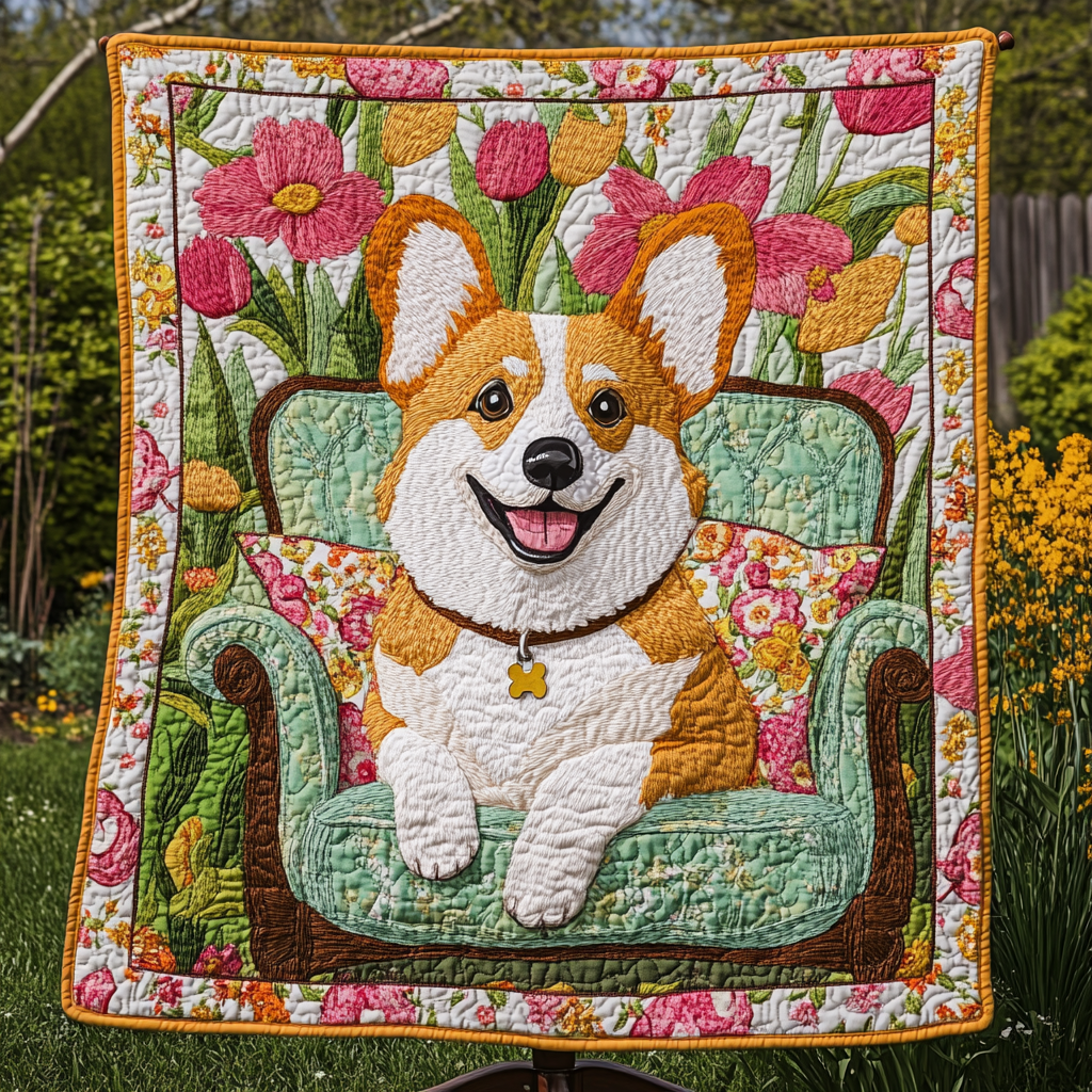 Bright Blooms and Corgi Smiles Quilted Blanket Fourth Of July Gift For Porch Decor - Tradiviet