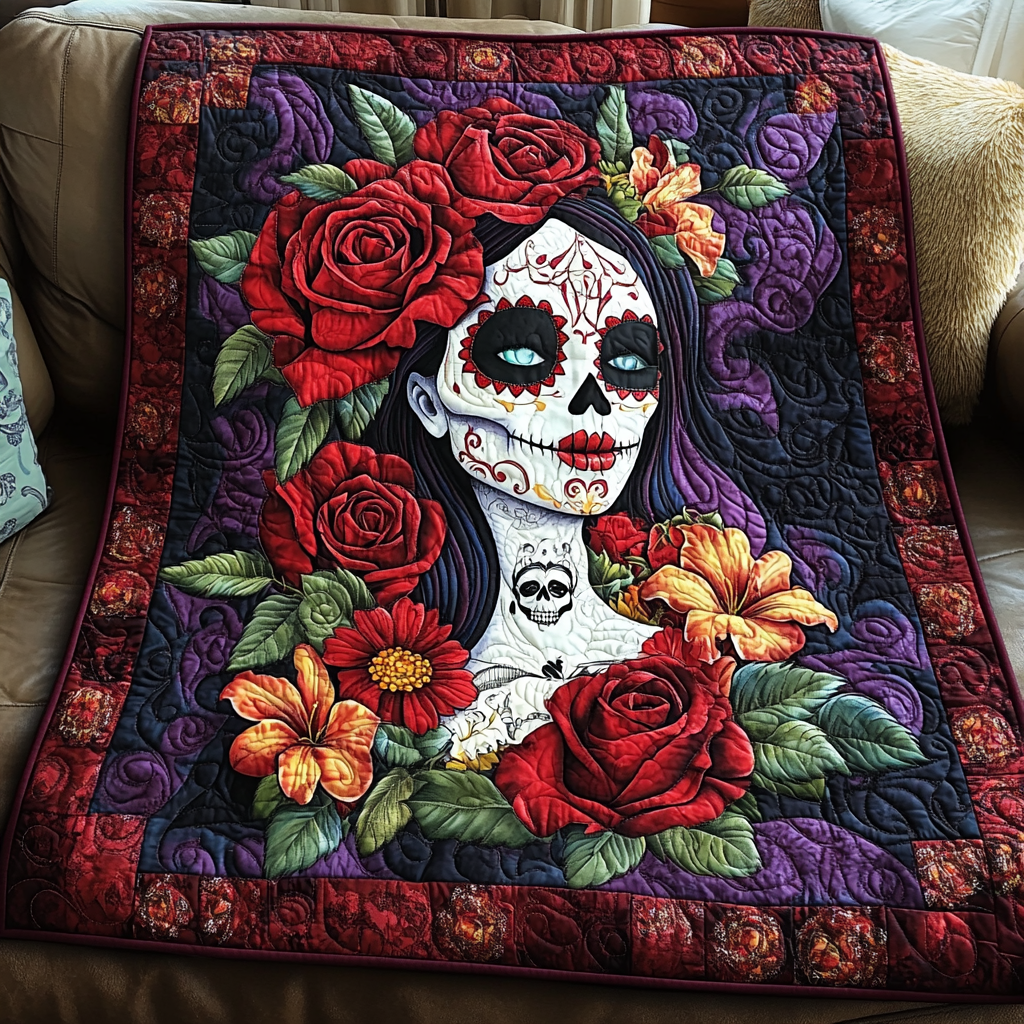 Bright Skull Blooms Quilted Blanket USA 250 Years Strong Patriotic Presents - Tradiviet