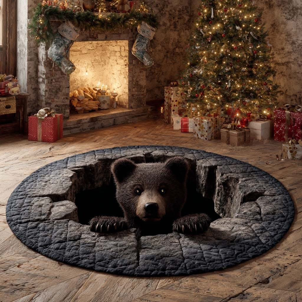 Brown Bear Dungeon Quilted Round Mat Nature Themed Decor Unique Christmas Gifts - Tradiviet