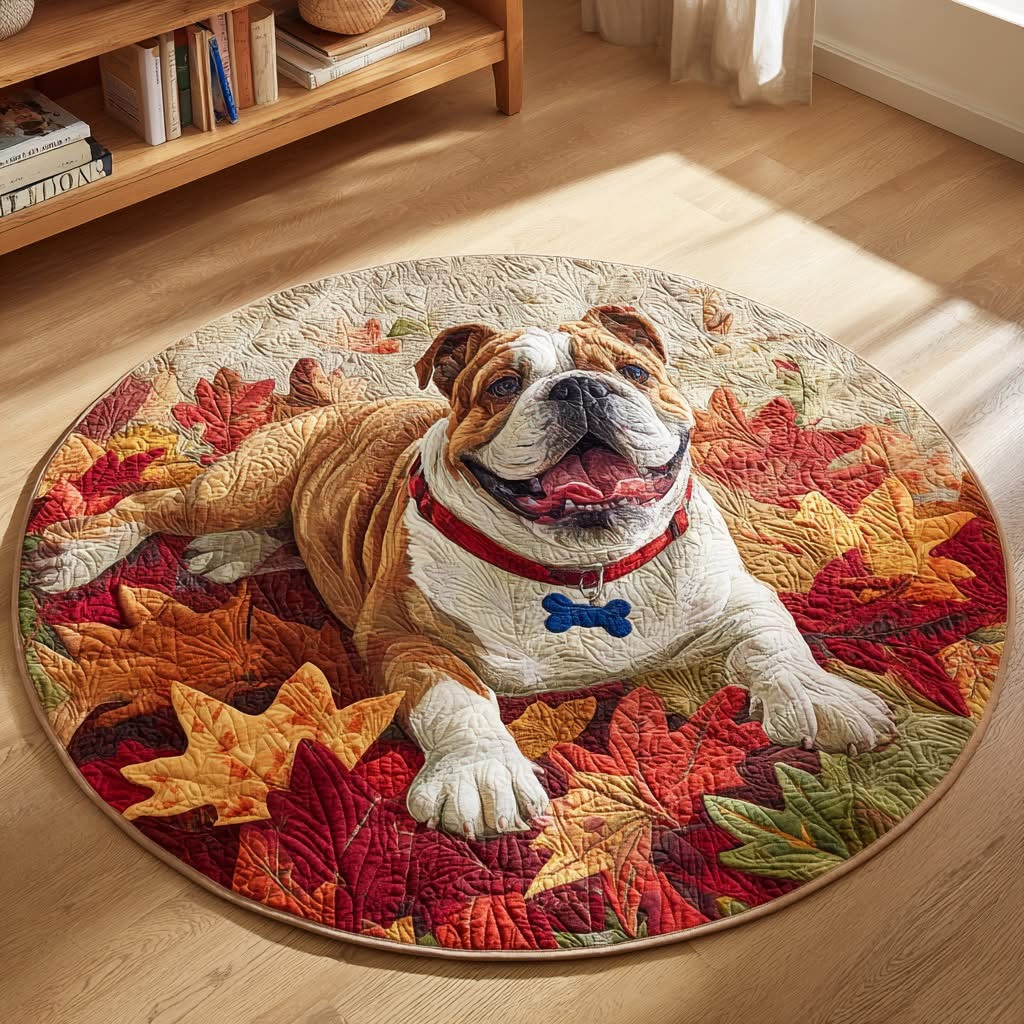 Bulldog Autumn Quilted Round Mat Circle Rug Floor Decorations Fall Themed Bulldog Gifts - Tradiviet