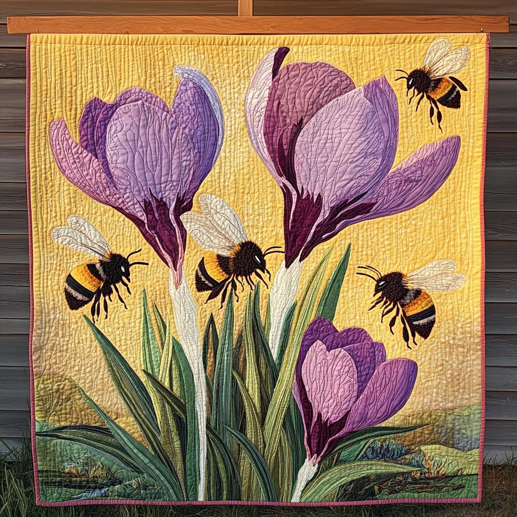 Bumblebee and Crocus Art Quilt Blanket Independence Day Patriotic Gifts For Her - Tradiviet