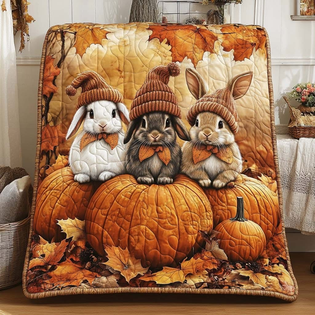Bunny Arvest Bunny Time Pumpkin Fall Quilt Blanket Thanksgiving Happy Easter Gift Ideas - Tradiviet