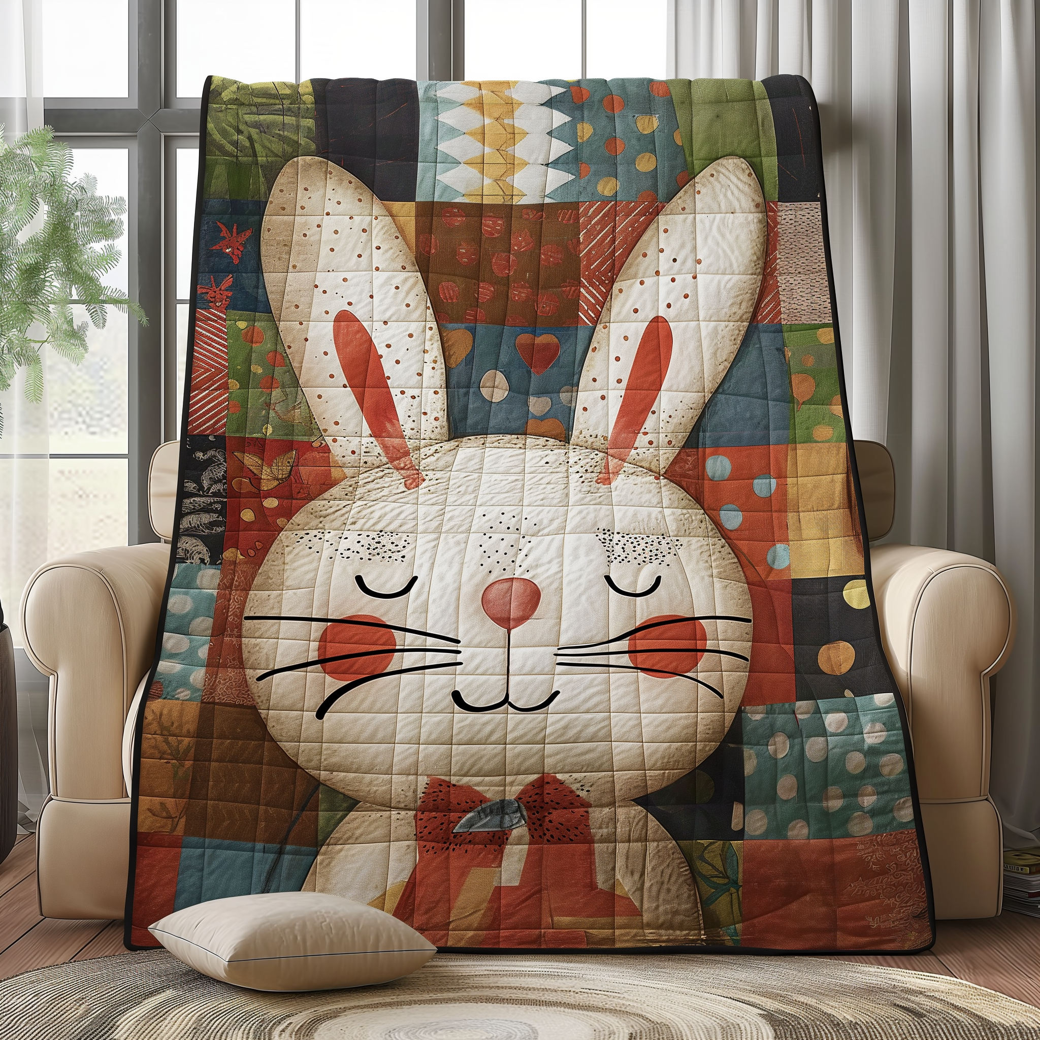 Bunny Wonderland Patchwork Quilted Blanket July 4 1776 July 4 2026 Patriotic Gifts For Dad - Tradiviet