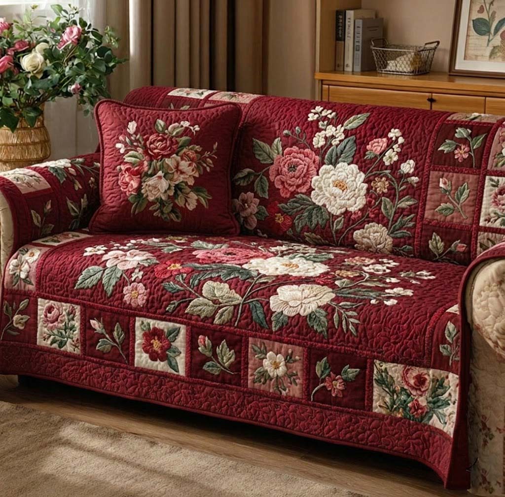 Burgundy Rose Garden Quilted Sofa Cover Holiday Home Room Decor Unique Home Decor Finds - Tradiviet