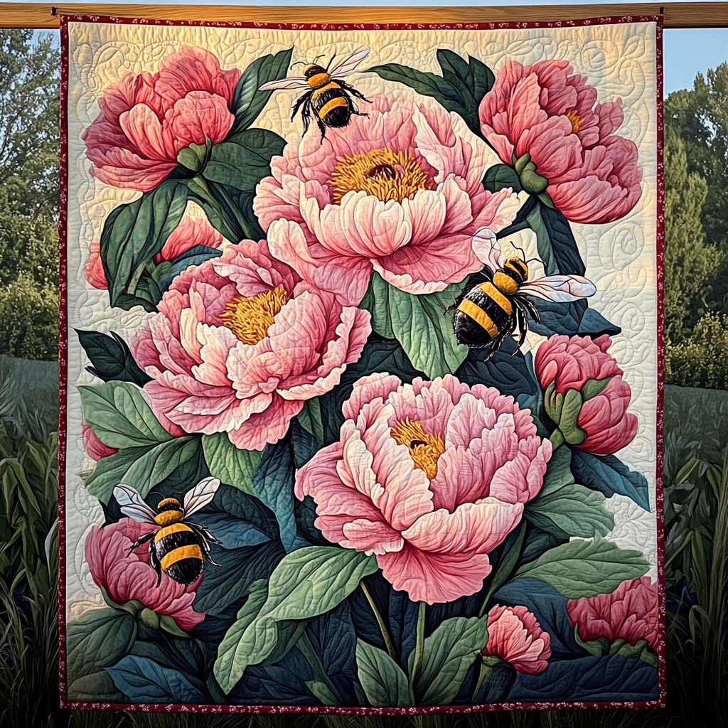 Busy Bees and Peonies Art Quilted Blanket USA 250 Years Of Defending Liberty Patriotic Gifts - Tradiviet