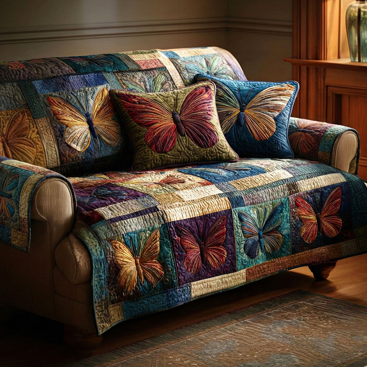 Butterfly Charm Quilted Sofa Cover Best Sofa Slipcovers Butterfly Themed Gift Items - Tradiviet