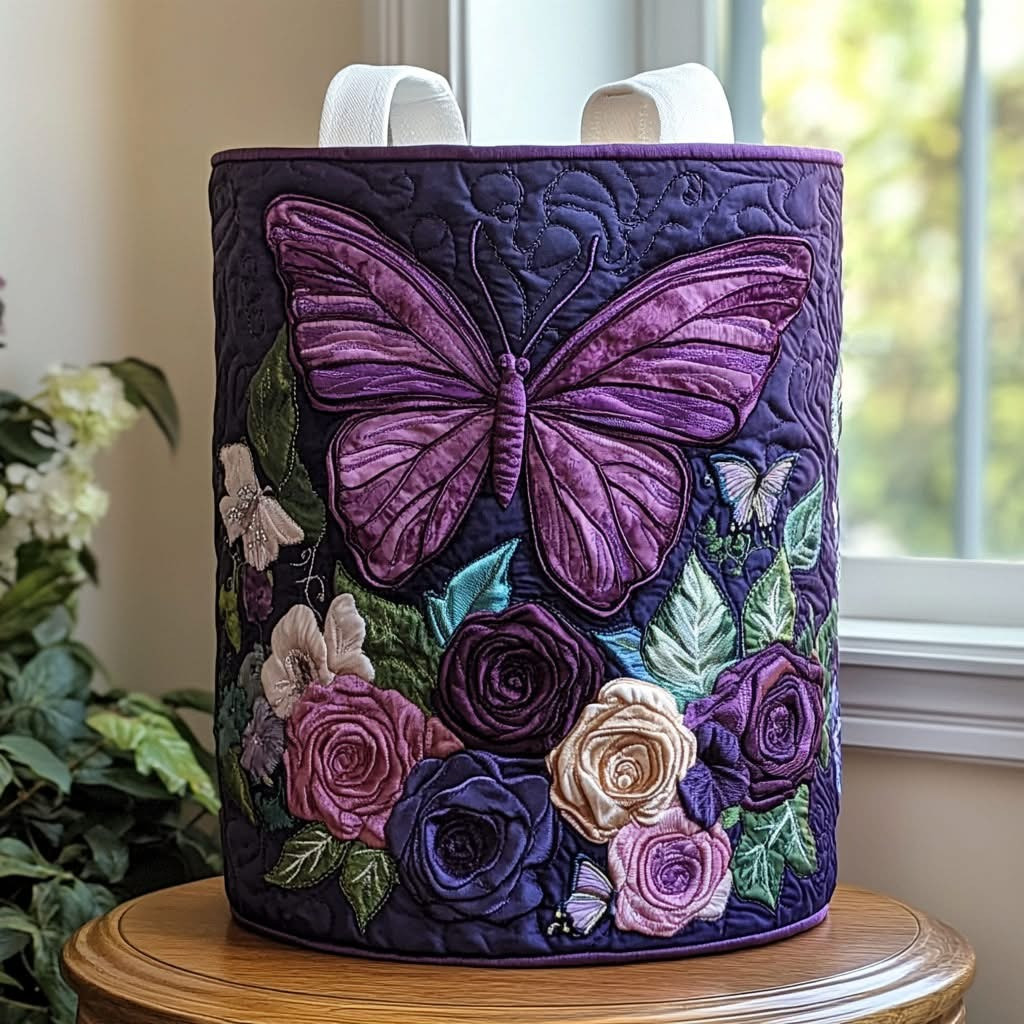 Butterfly Meadow Quilted Laundry Basket Floral Storage Basket Gifts For Butterfly Lovers - Tradiviet