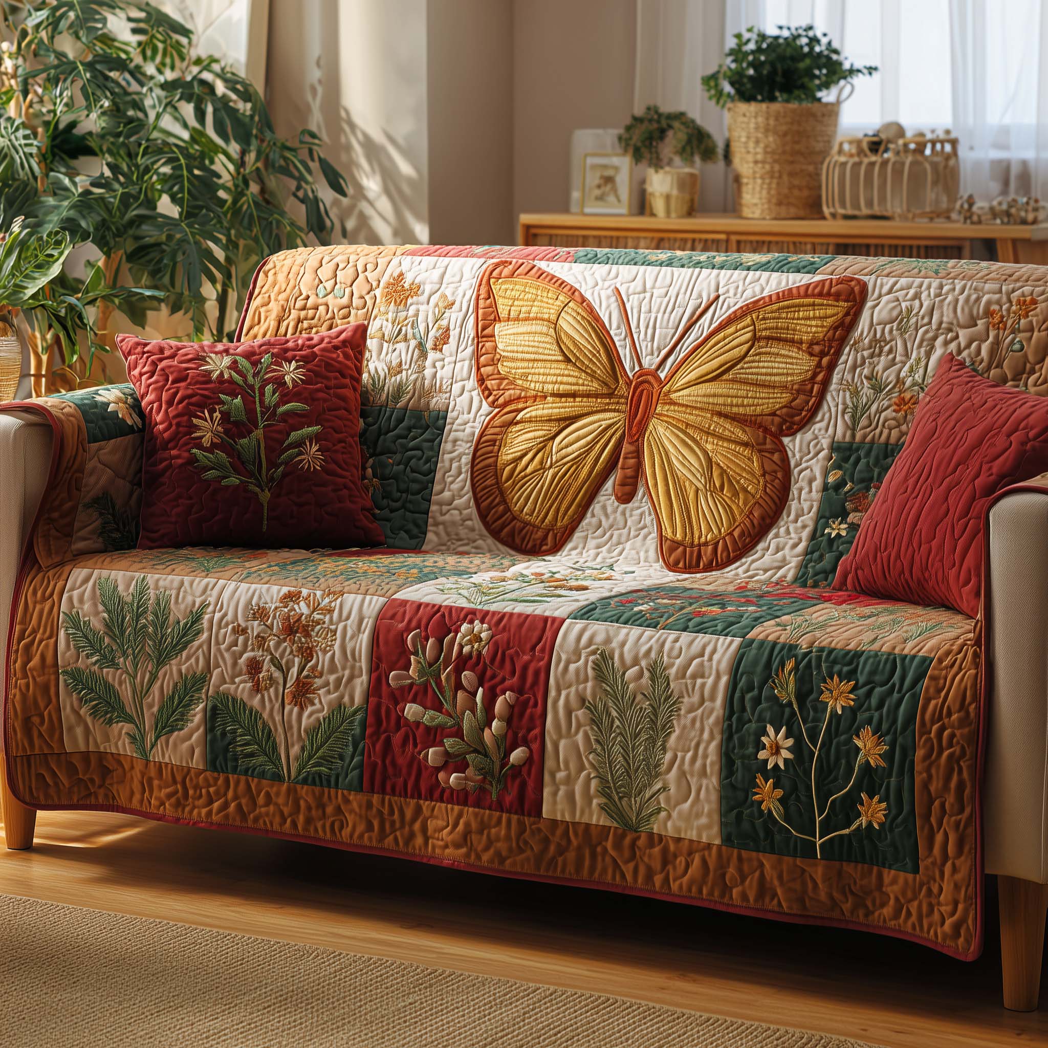 Butterfly Patch Quilted Sofa Cover Butterfly Home Couch Cover Cozy Housewarming Gift Ideas - Tradiviet