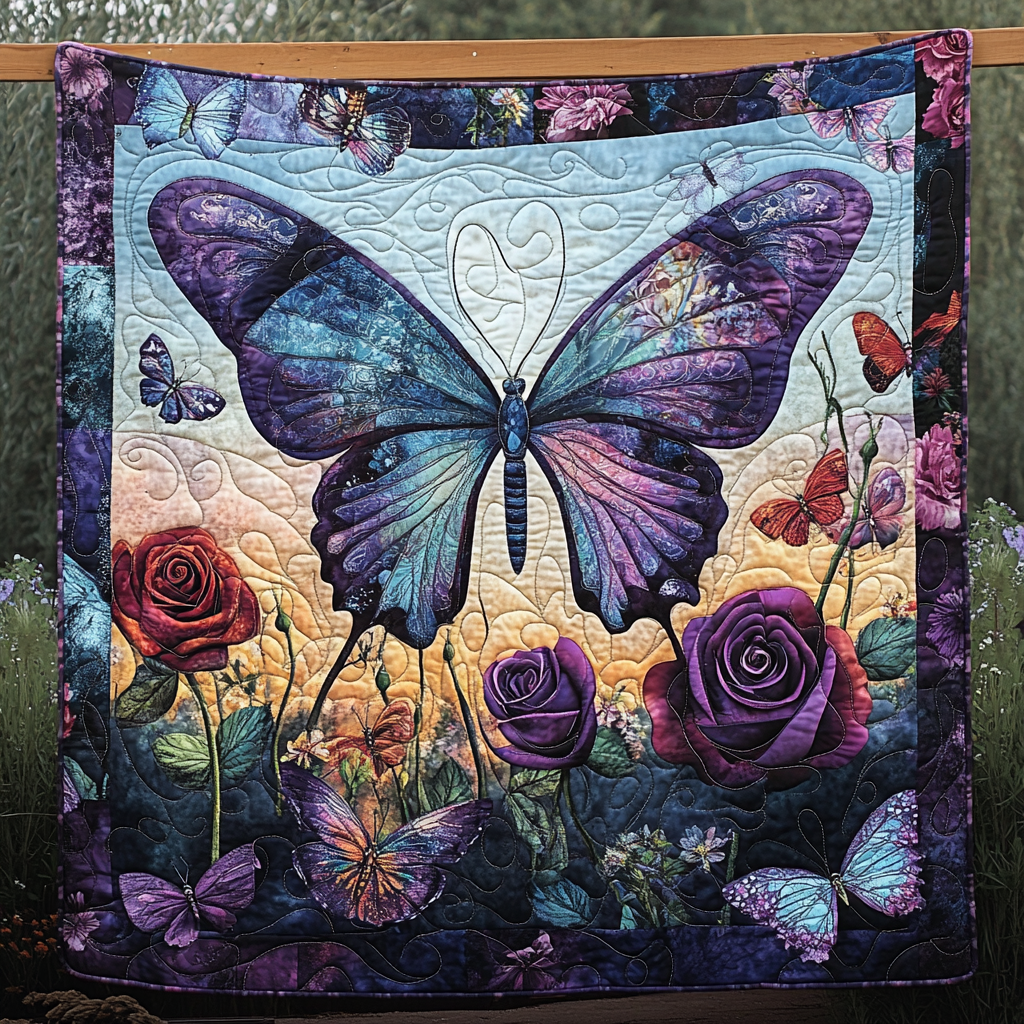 Butterfly Sunset Meadow Quilted Blanket Decorations Gift For Son - Tradiviet