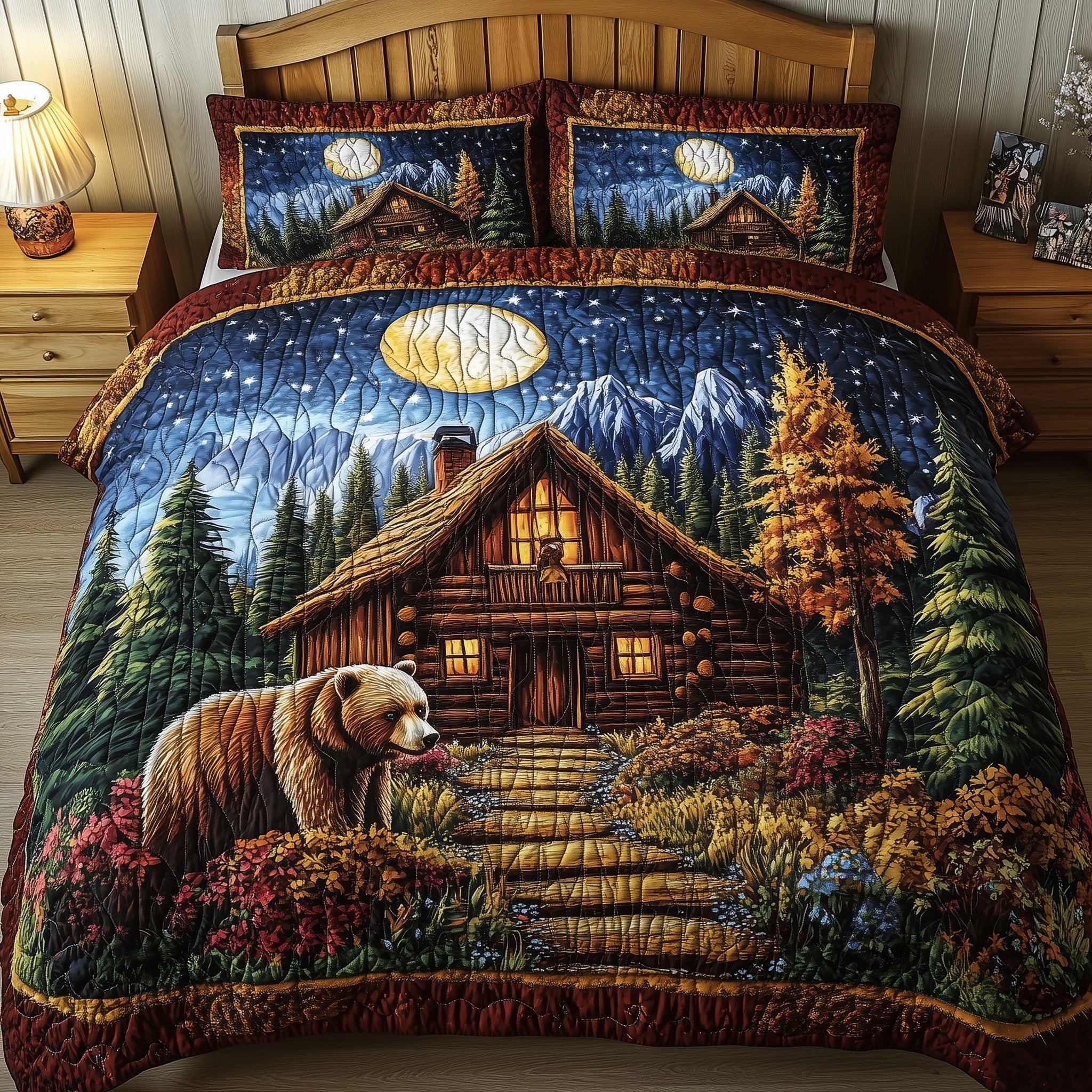 Cabin And Bear Quilted Bedding Set Cabin Bear Canvas Gift For Bear Lovers - Tradiviet