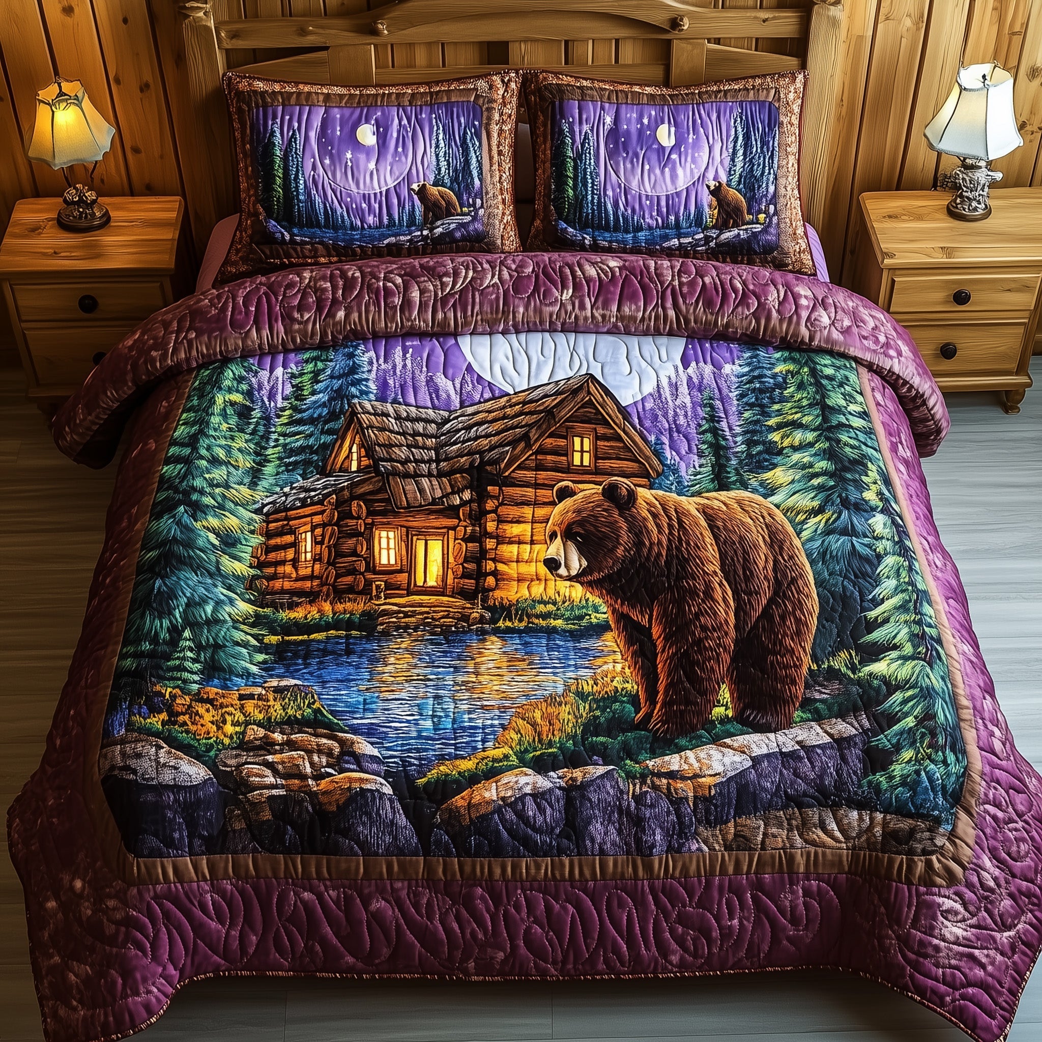 Cabin And Bear Quilted Bedding Set Cabin Bear Corner Gift For Cabin Bear - Tradiviet