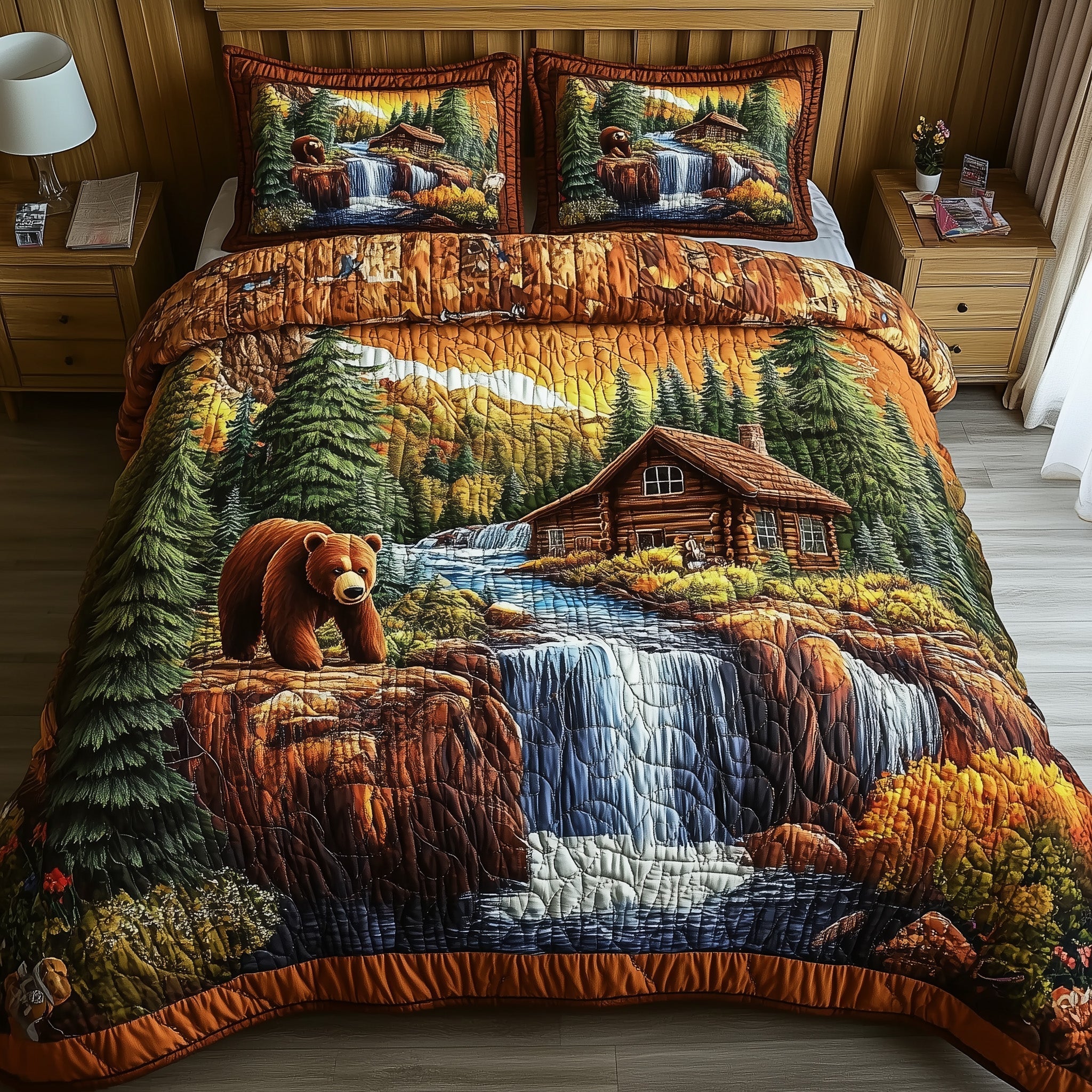 Cabin And Bear Quilted Bedding Set Cabin Bear Harmony Gift For Cabin - Tradiviet