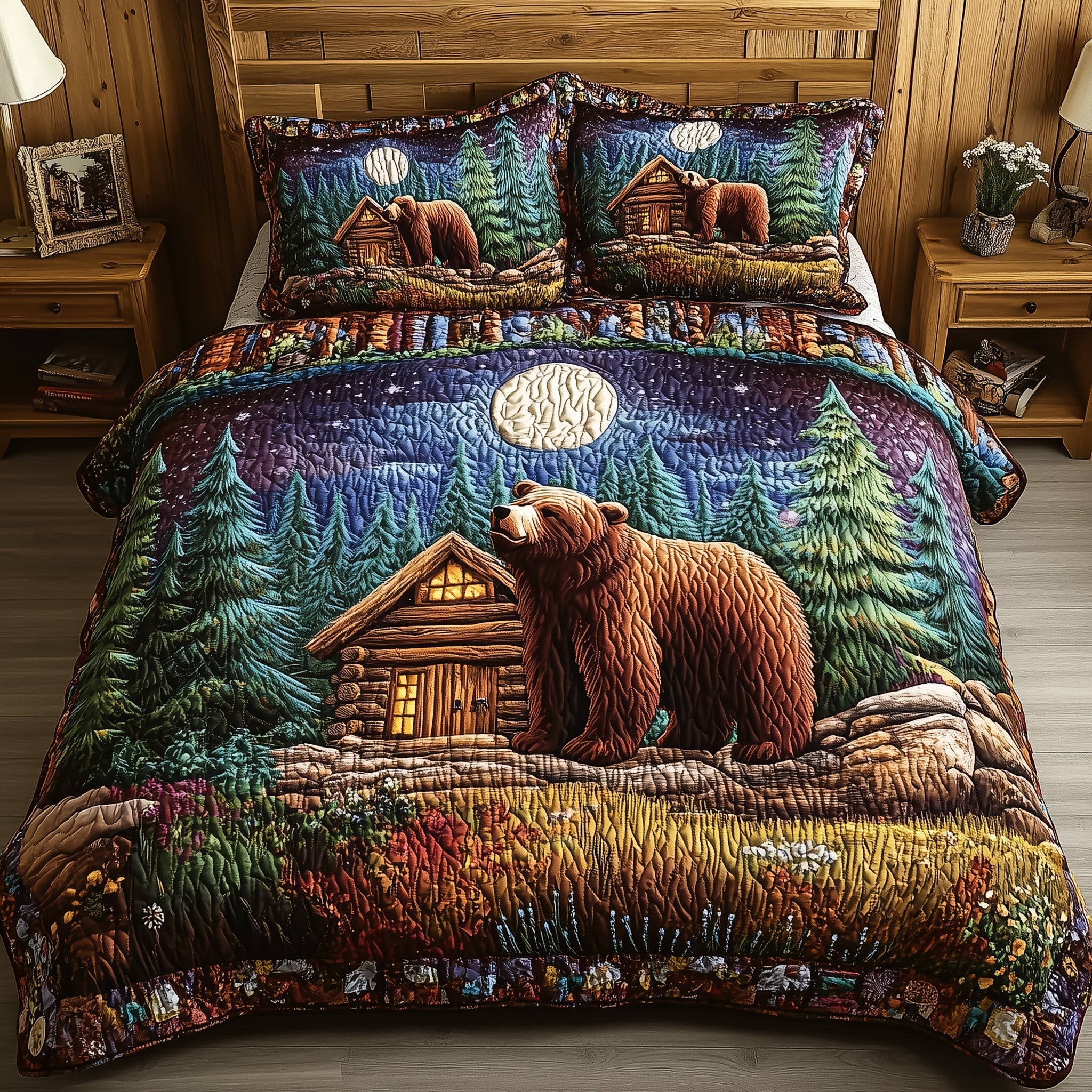 Cabin And Bear Quilted Bedding Set Cabin Bear Hideaway Gift For Cabin Lovers - Tradiviet