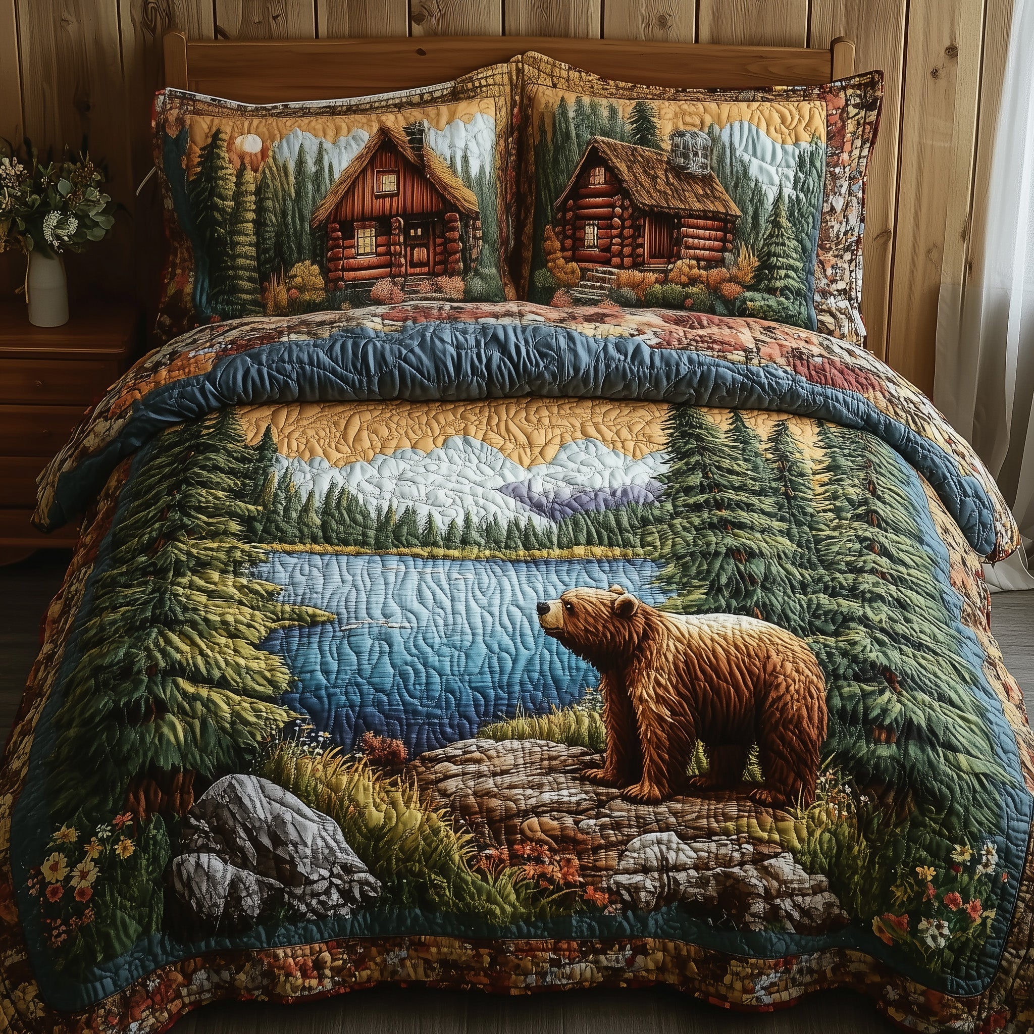 Cabin And Bear Quilted Bedding Set Cabin Bear Memory Gift For Bear - Tradiviet