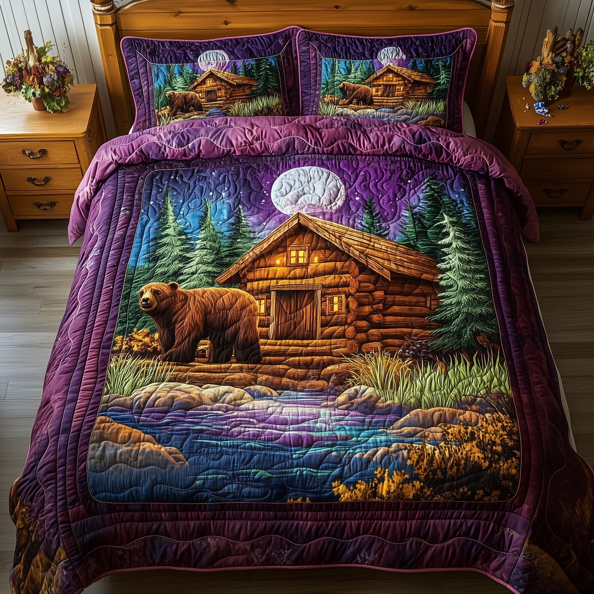 Cabin And Bear Quilted Bedding Set Cabin Bear Weave Gift For Cabin Fans - Tradiviet