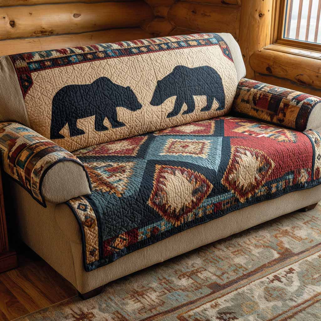 Cabin Bear Quilted Sofa Cover Indoor Home Room Decor Bear Themed Home Decor - Tradiviet