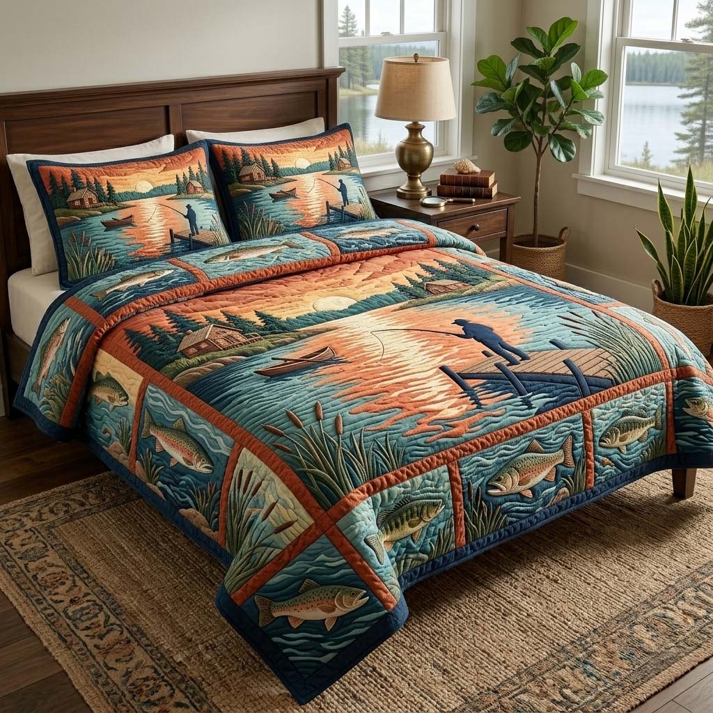 Cabin Fishing Quilted Bedding Set Cabin Fishing Textile Gift For Cabin Fishing - Tradiviet