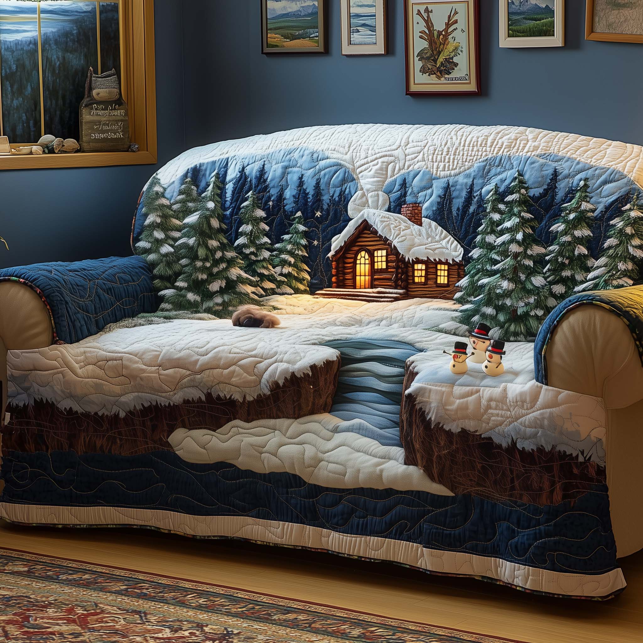 Cabin Snowmen Quilted Sofa Cover Christmas Home Couch Cover Home Gifts For Him - Tradiviet