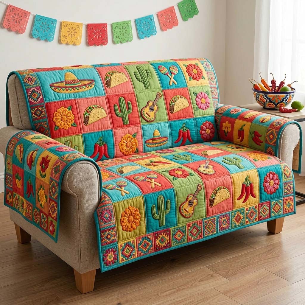 Cactus Fiesta Patch Quilted Sofa Cover Fiesta Home Couch Cover Gifts For Room Decor - Tradiviet