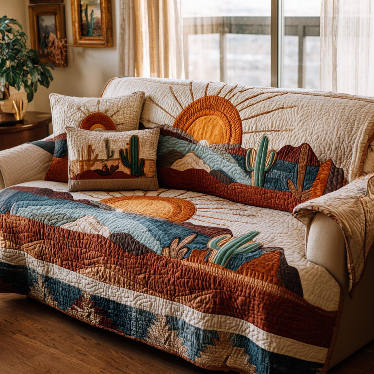 Cactus Garden Quilted Sofa Cover Warm Home Room Decor Unique Home Decor Finds - Tradiviet
