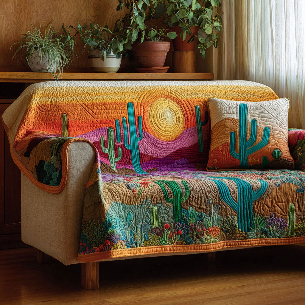 Cactus Horizon Quilted Sofa Cover Sofa Protector Cover Novelty Cactus Gifts - Tradiviet