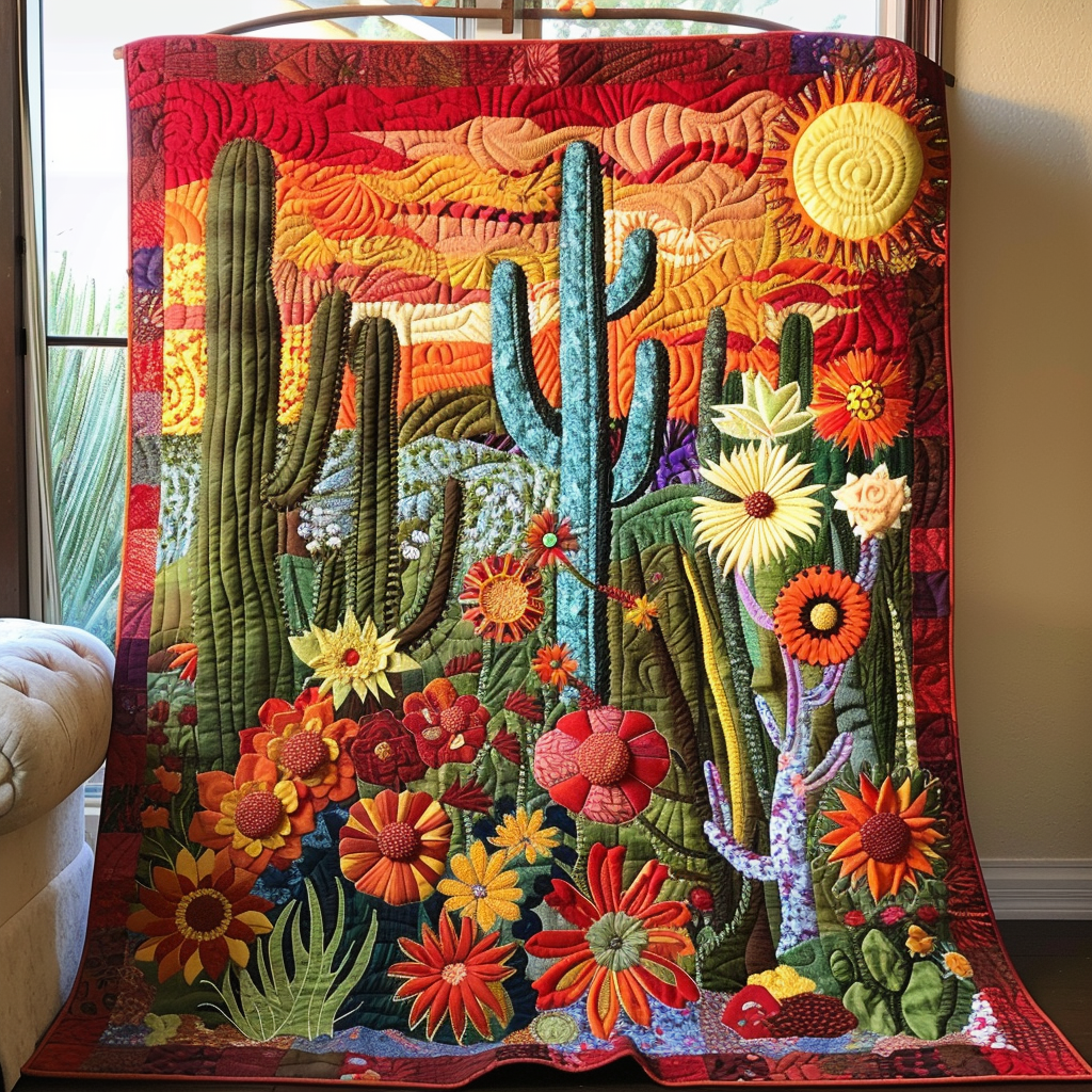 Cactus Sunrise Quilted Blanket America 250Th Anniversary Gift For Cute Decor - Tradiviet