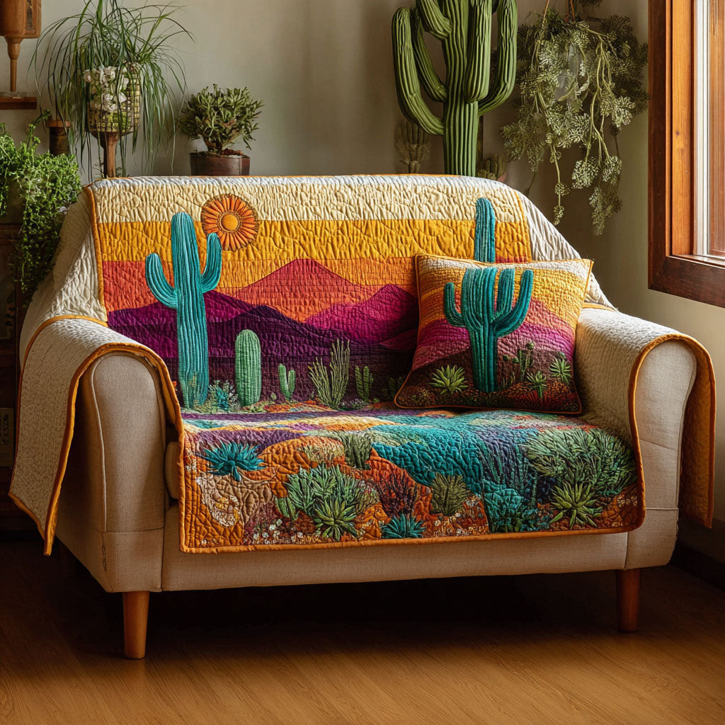 Cactus Sunset Quilted Sofa Cover Sofa Cover Set Awesome Gifts For Cactus Lovers - Tradiviet