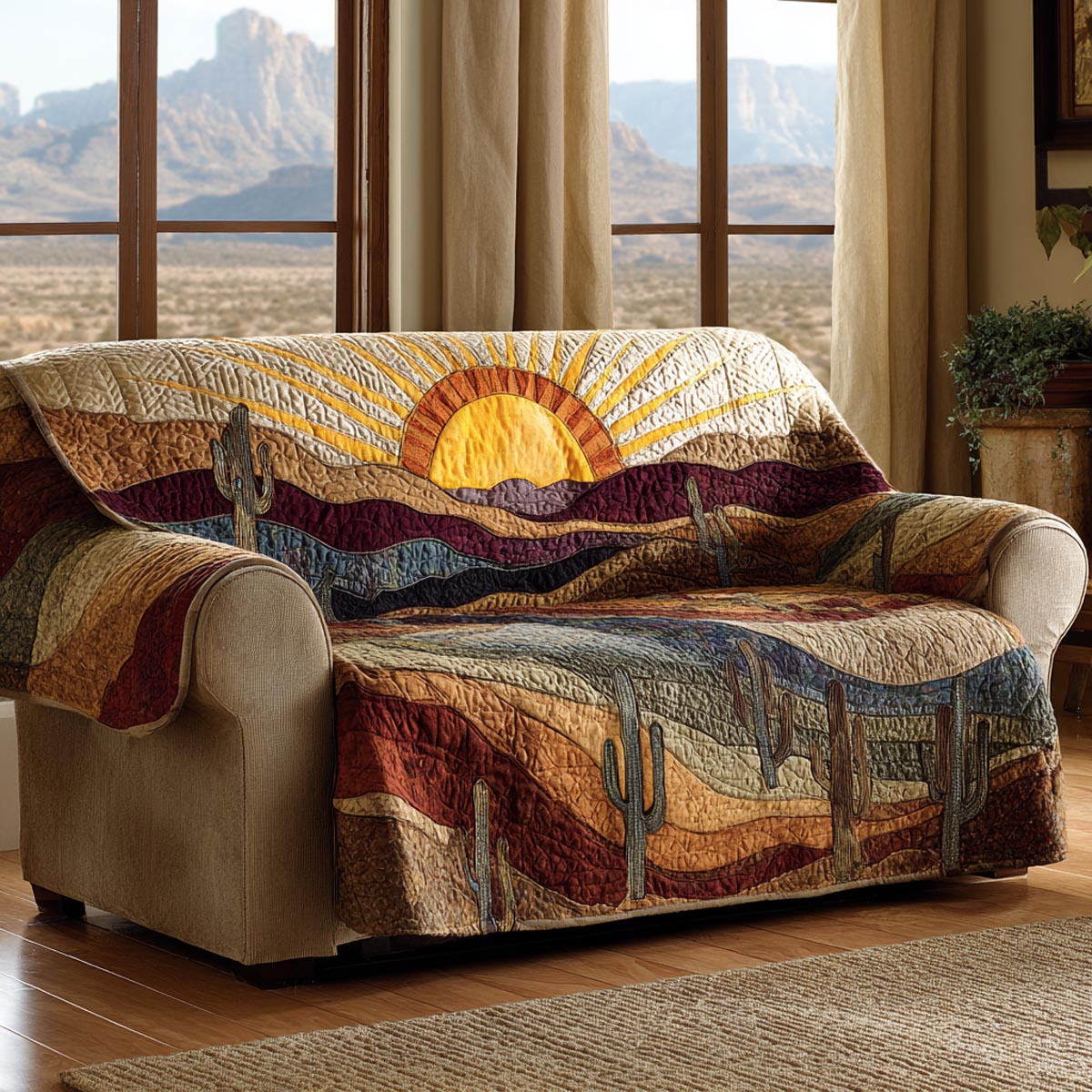 Cactus Valley Quilted Sofa Cover Natural Room Decor Gift For Room Lovers - Tradiviet