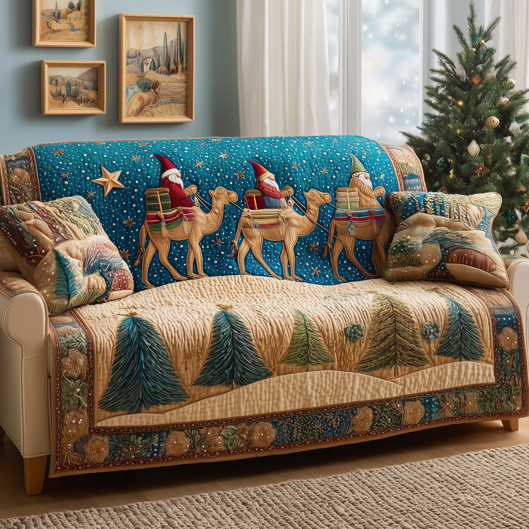 Camel Riders Quilted Sofa Cover Cozy Home Couch Cover Room Gift For Her - Tradiviet