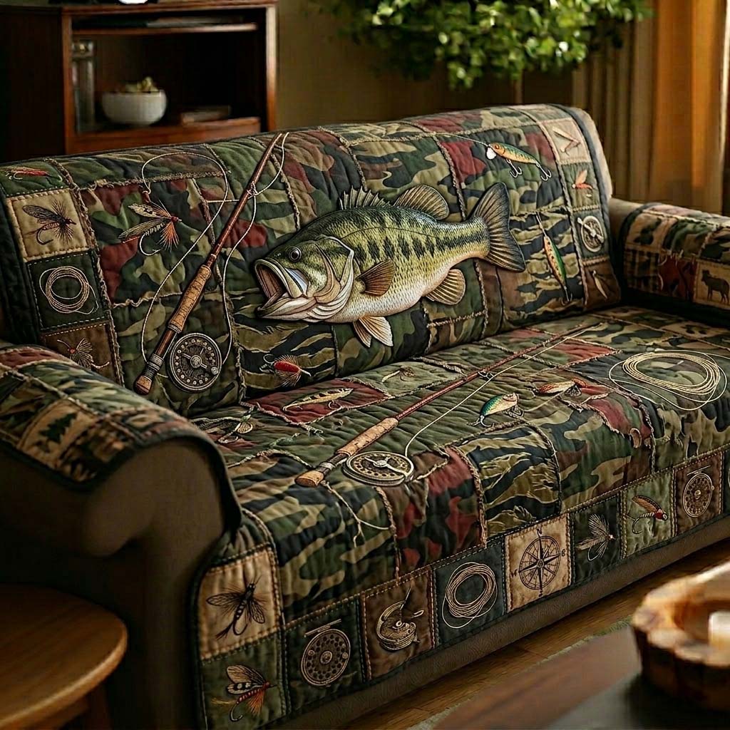 Camo Bass Hunter Quilted Sofa Cover Lakeside Home Couch Cover Top Home Decor Gifts - Tradiviet