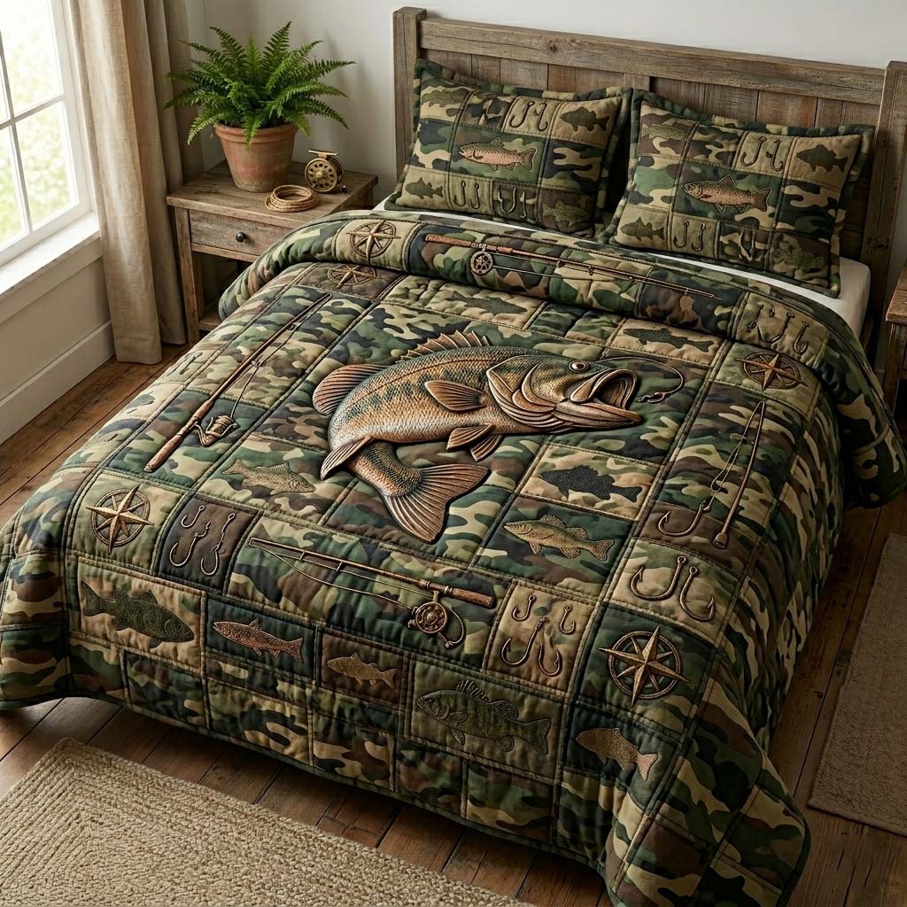 Camo Bass Quilted Bedding Set Camo Bass Tapestry Gift For Camo Bass - Tradiviet