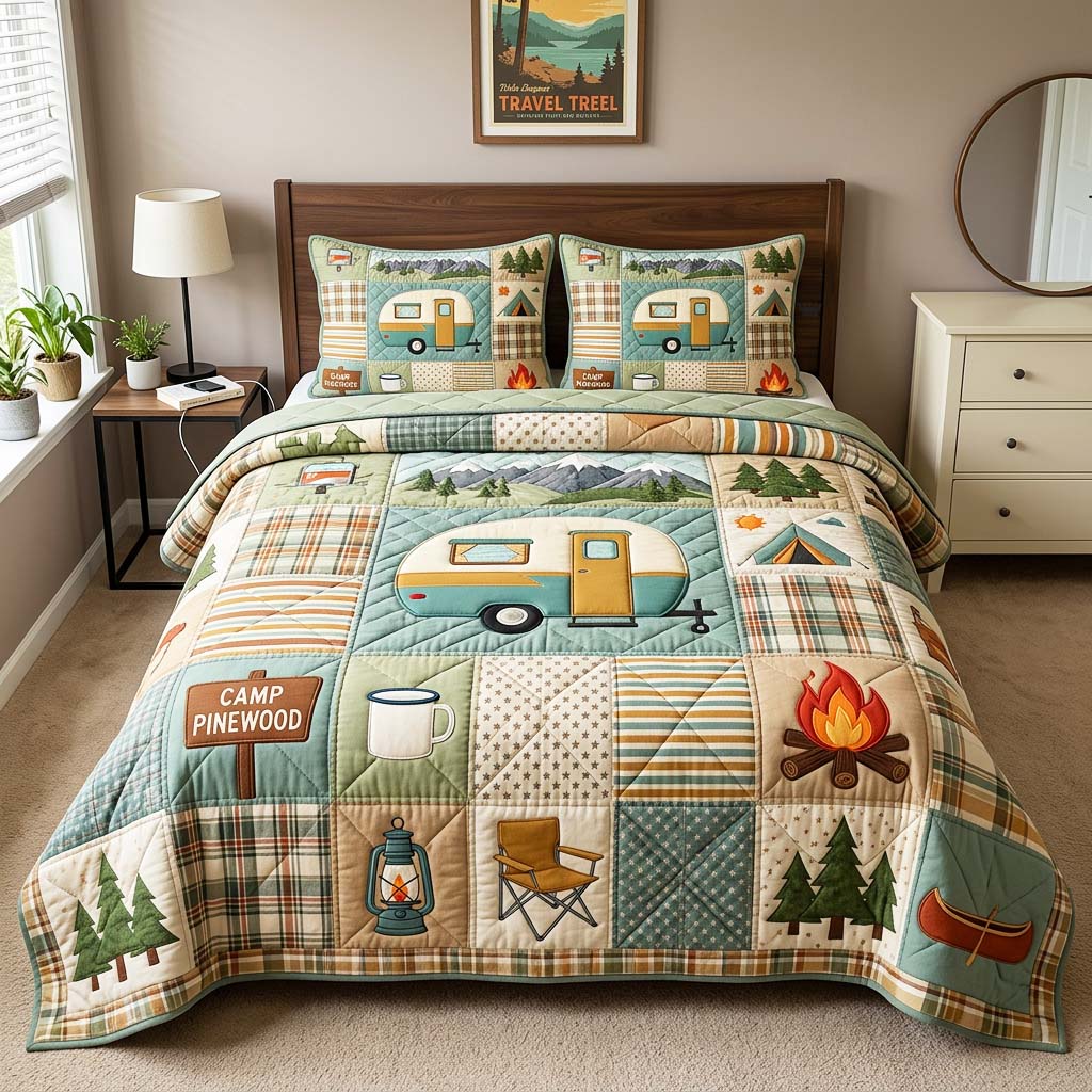 Camper Camp Quilted Bedding Set Camper Camp Room Gift For Camper Camp - Tradiviet