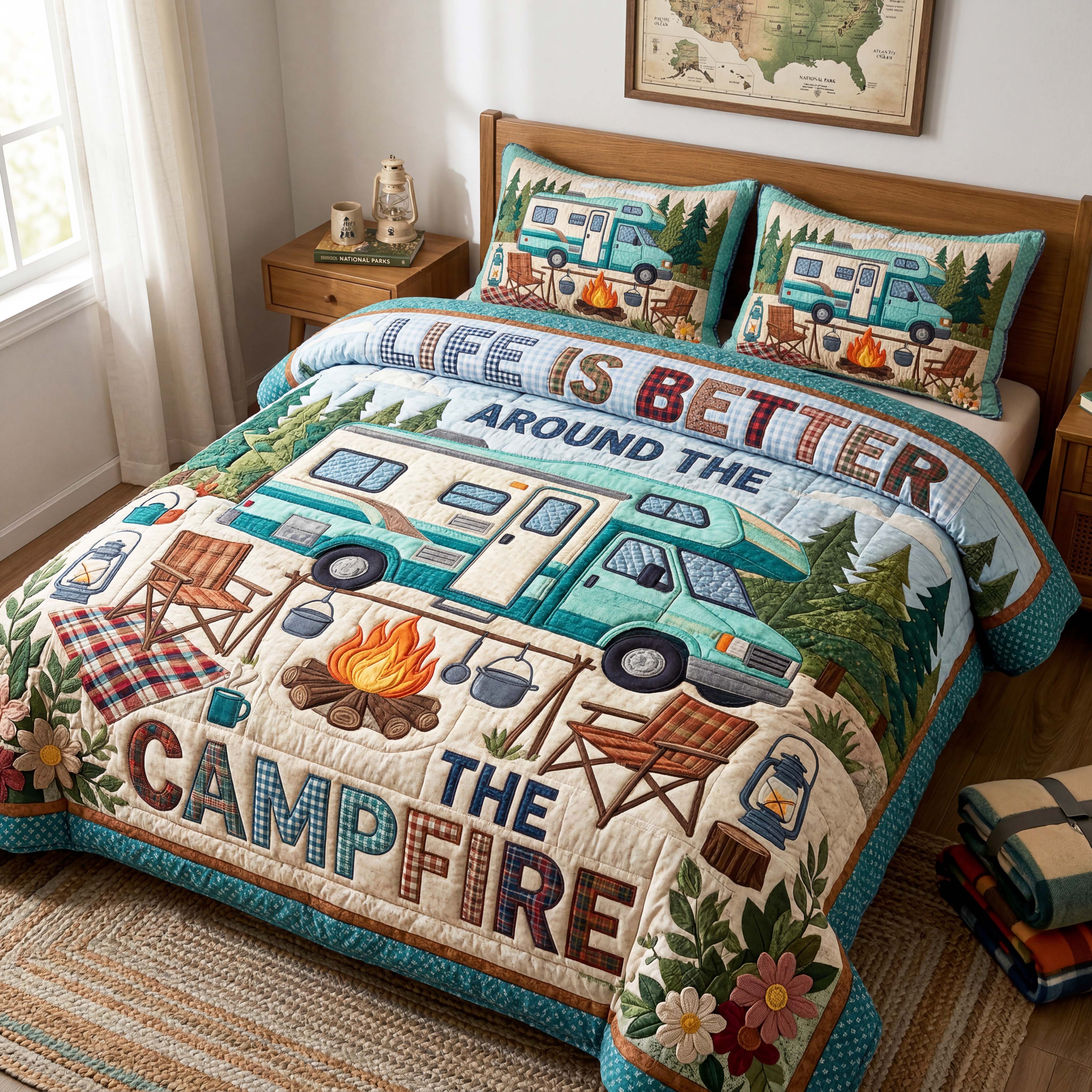 Campfire Camper Quilted Bedding Set Campfire Camper Vintage Gift For Campfire Camper - Tradiviet