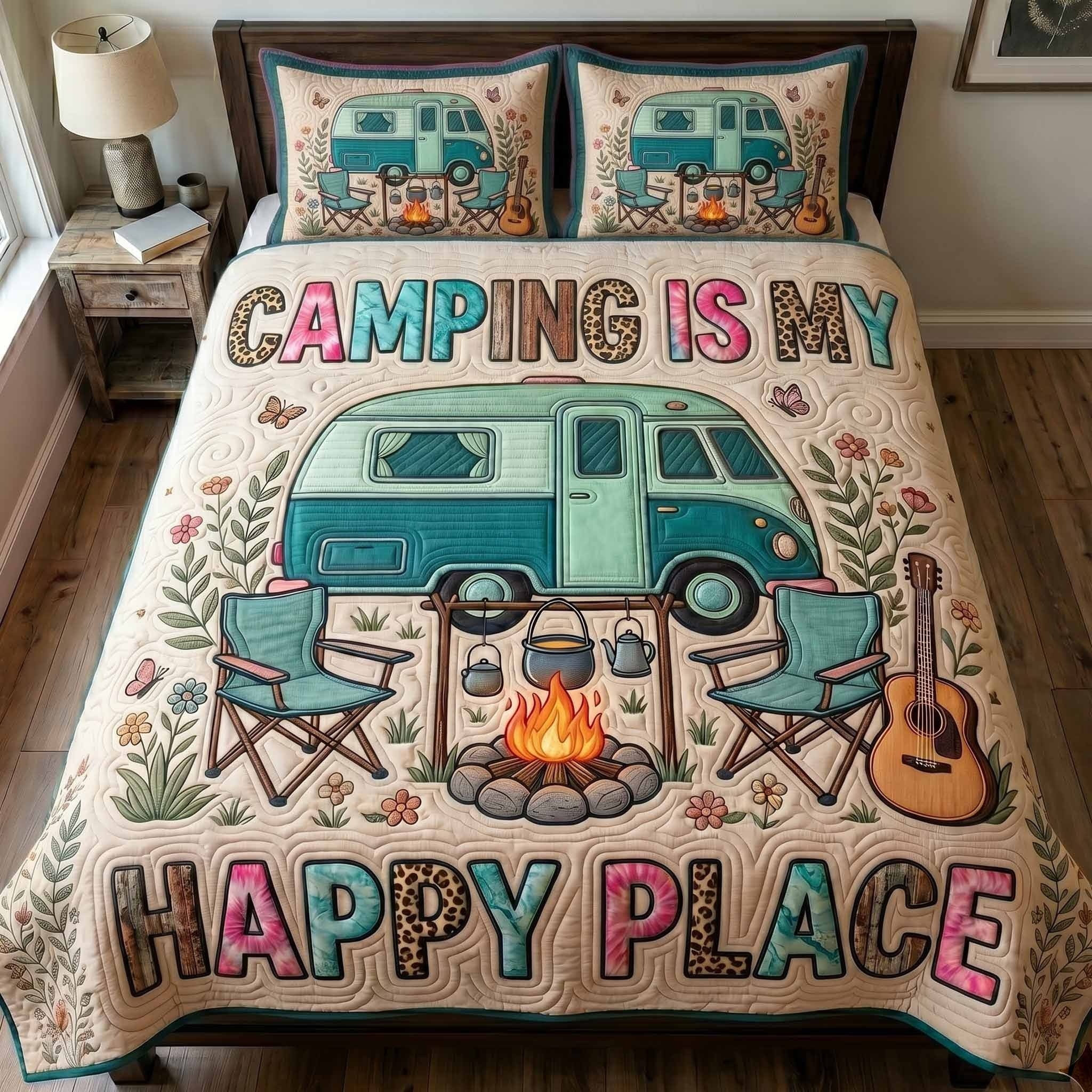 Camping Is My Happy Place Quilted Bedding Set Retro Camper Van Duvet Cover Bedroom Decor's Gift - Tradiviet